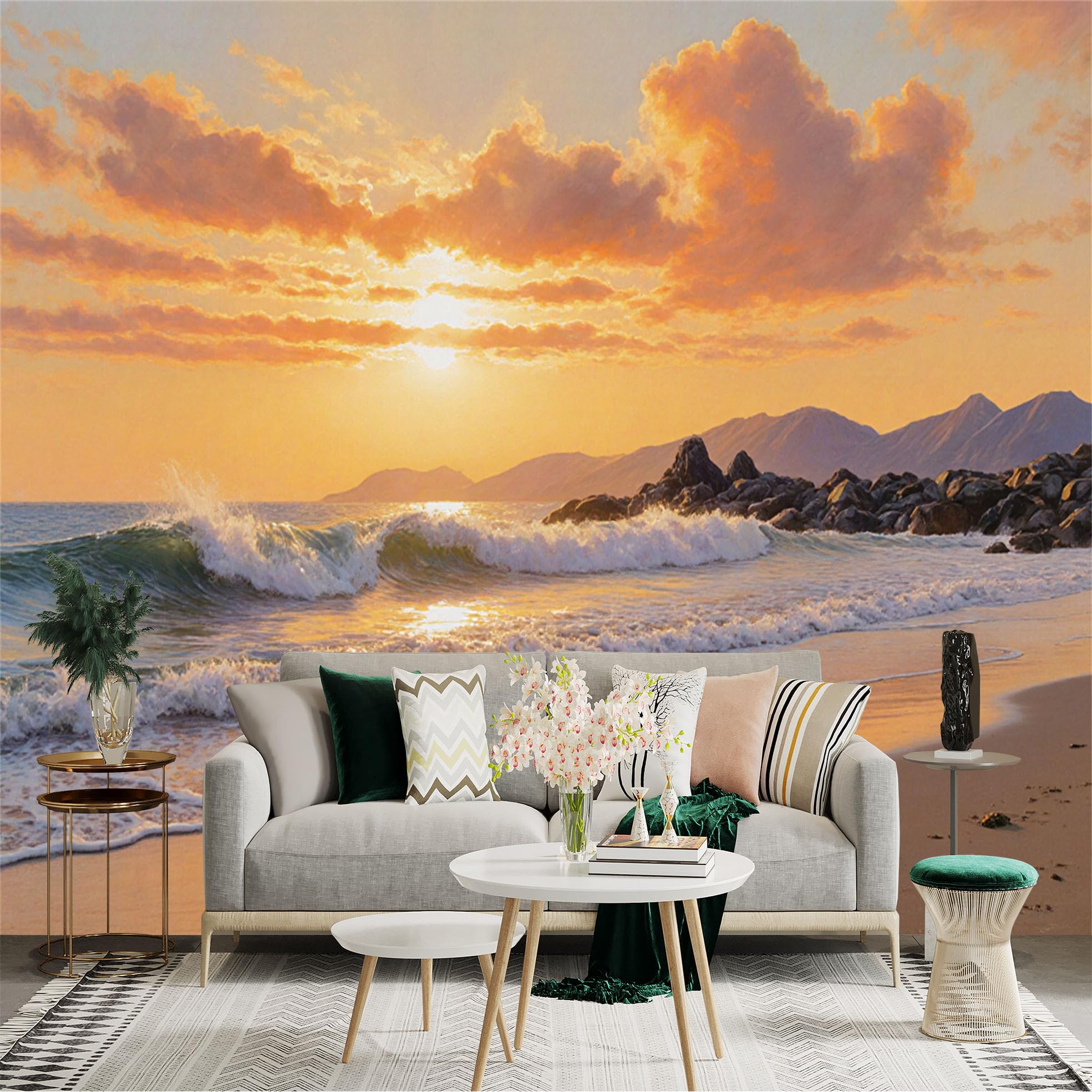 Lnzczhyre Xc260505441 Custom Size Wall Sticker Mural， Golden Sunset Over Ocean， Rolling Waves On Sandy Shore， Distant Mountains， For Wall Decoration， Peelandstick Wall Decals.