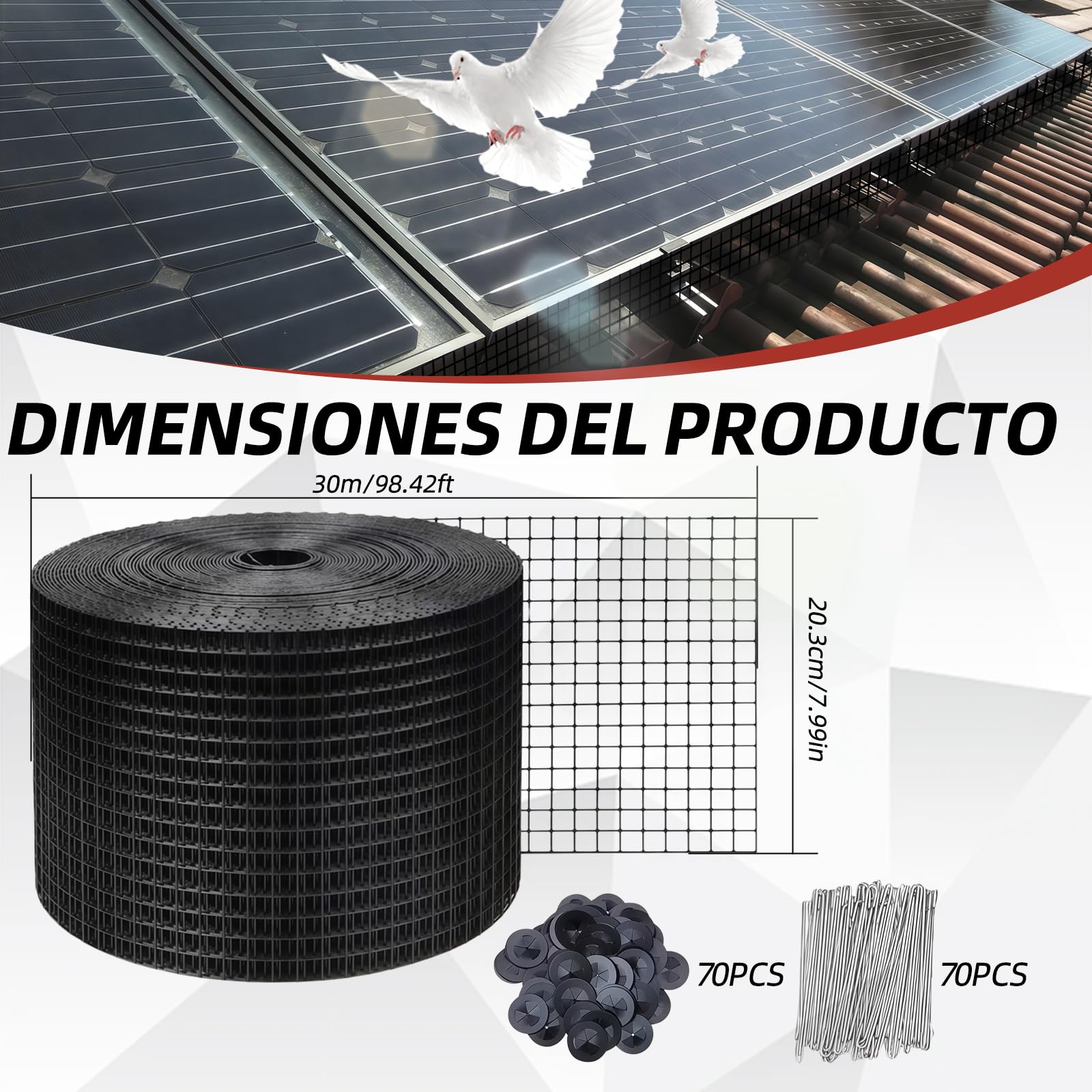 Red de protección contra pájaros para paneles solares, 30 m x 20 cm, revestimiento de PVC, inoxidable, incluye 100 bridas