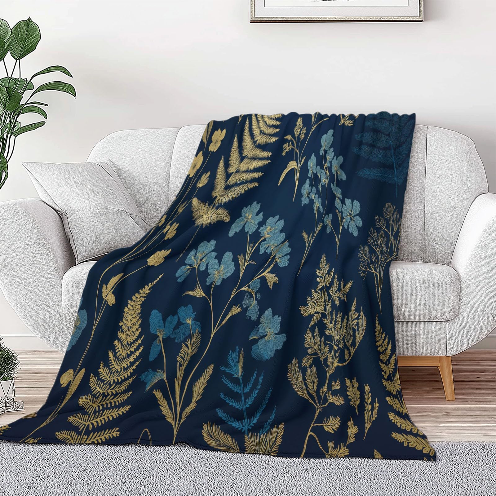 Coperta in flanella con fiori selvatici e felci, 150 x 200 cm, coperte in pile in microfibra pile per tutte le stagioni, per viaggi, divano per bambini, adulti, blu navy
