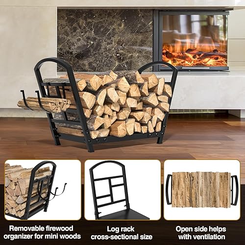 Miniatura 3 de GREENER Soporte pequeño para leña para interiores, almacenamiento de madera para chimenea, soporte de leña de metal resistente con soportes