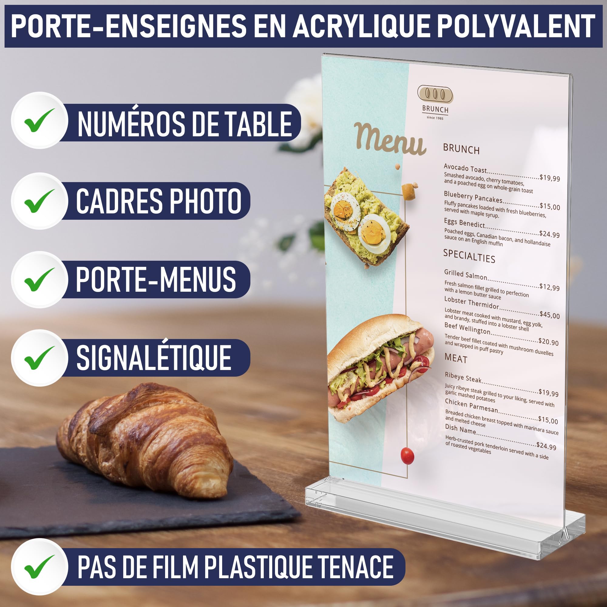 Dasher Products Porte-menu A5 en acrylique double face, lot de 6 – Présentoir de table forme T, chargement par le bas - Carte menu restaurant, photos, numéros de table - Hôtel, café