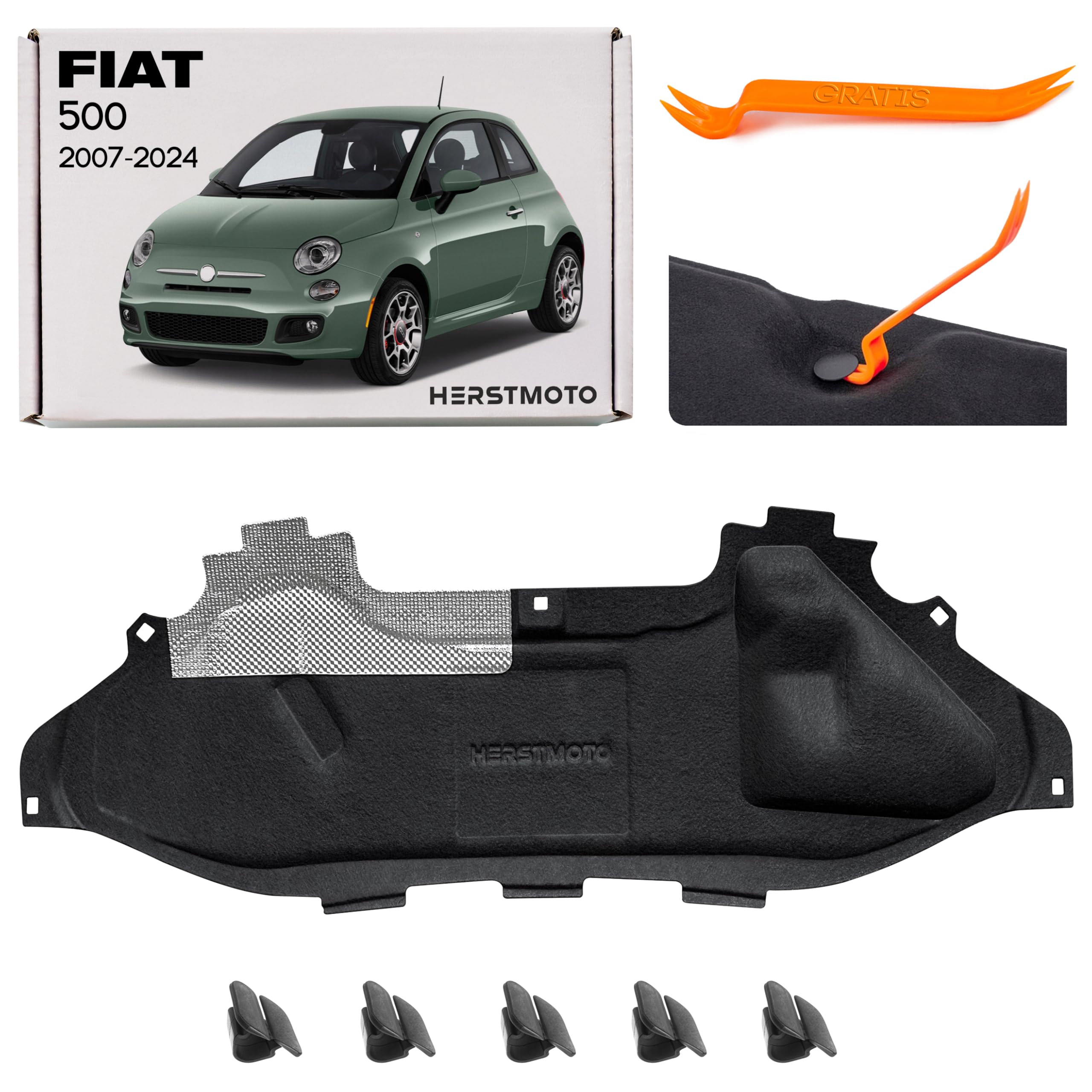 Dämmmatte Motorhaube Motorhaubendämmung Motorraumdämmung mit Clips kompatibel mit FIAT 500 2007-2024 51968984