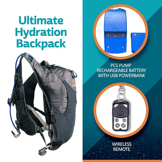 Misting Hydration Backpack with 2L Reservoir, Built in Personal Mister and Drinking Pack, Hands Free Cooling for Hiking, Cycling, Running, Festivals and Outdoor Work, Rechargeable, Gray (Small - med)