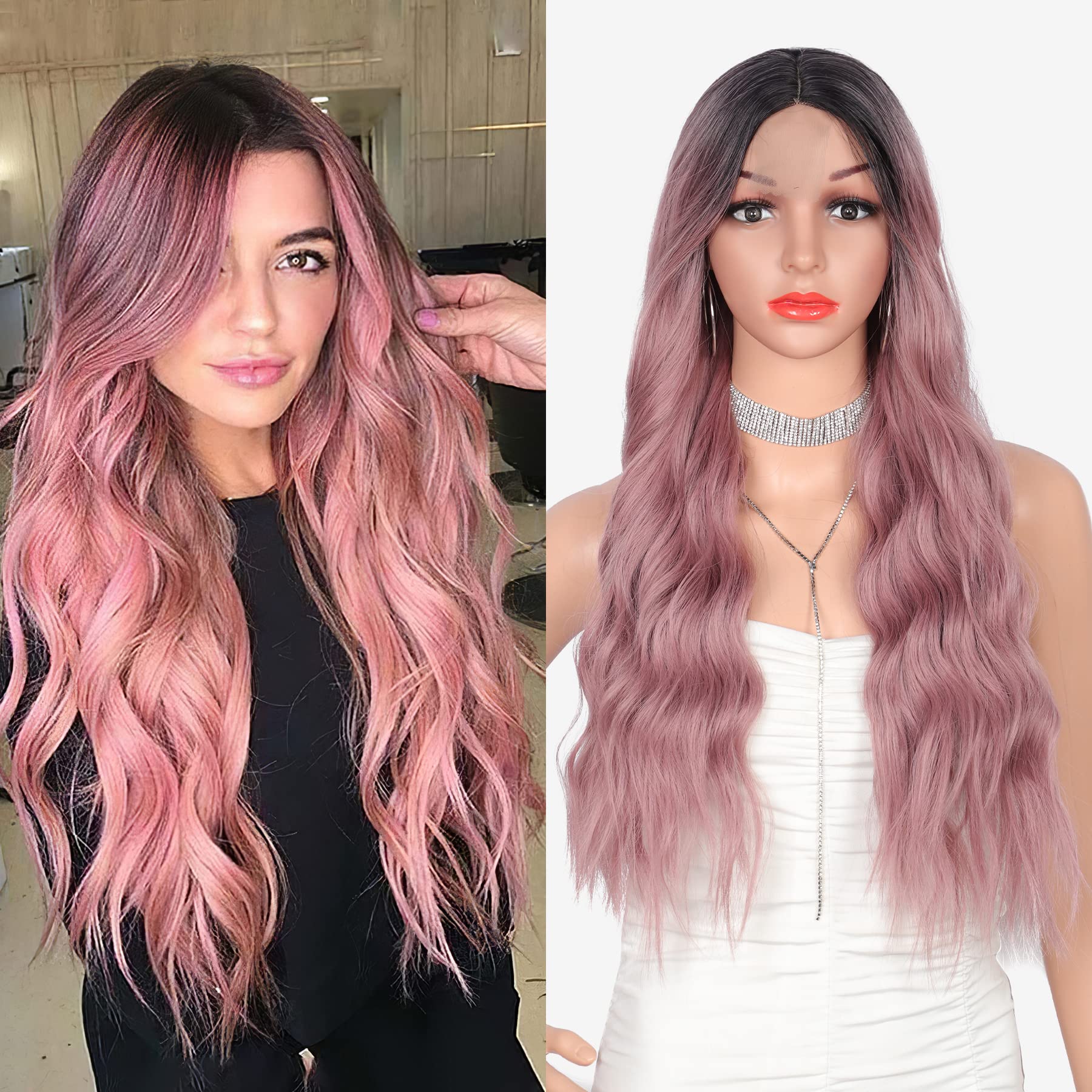 Olymei 26" Long Ombre Pink Purple Curly Wigs for Women Edge Lace Front Wavy Wig with Natural Middle Parted Heat Resistant Hair Synthetic Body Wavy Frontal Lace Wigs