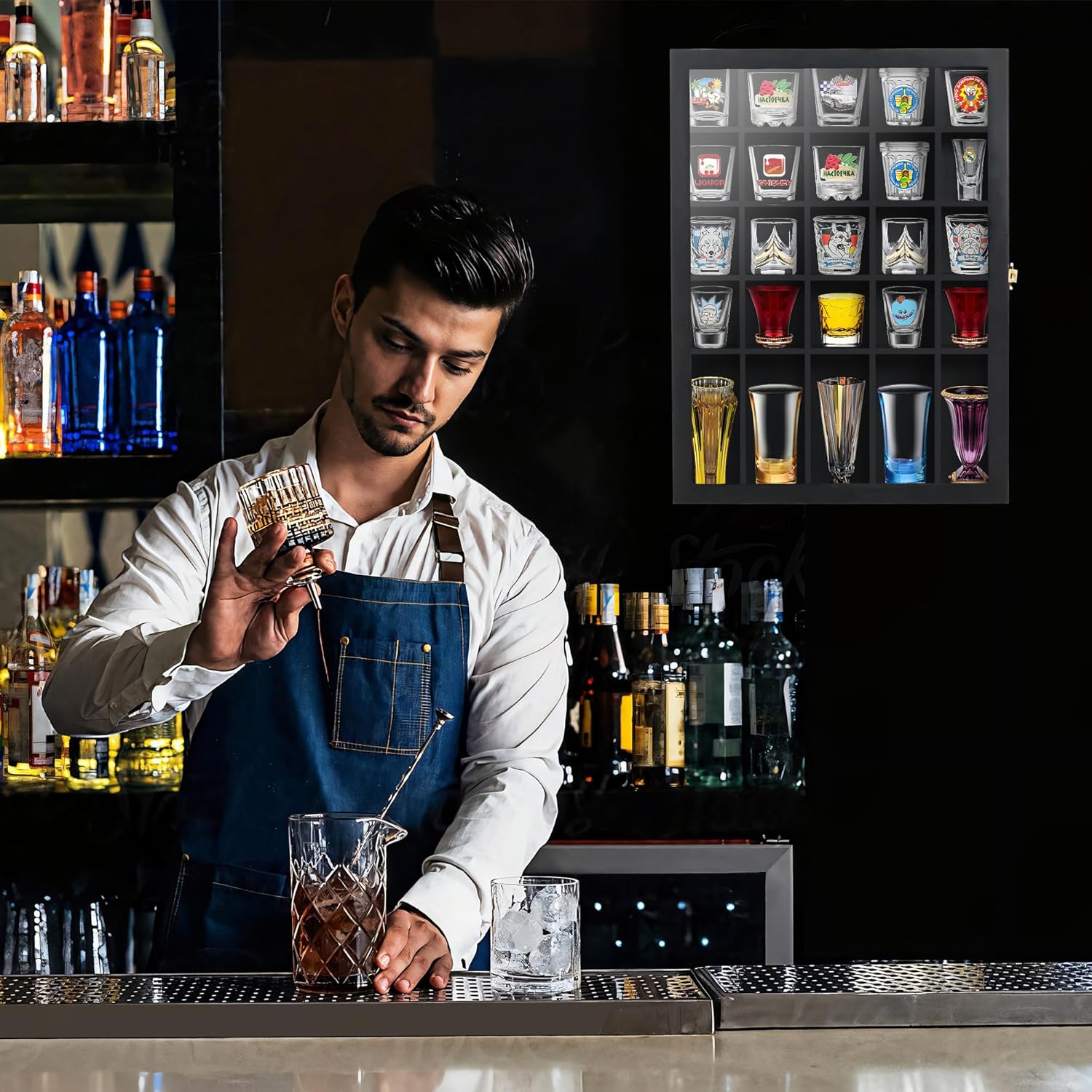 Invech 30 Shot Glass Display Case Wall Mounted, Shot Glass Holder with Door and Removable Shelve, Shot Glass Storage for Home Bar Decor