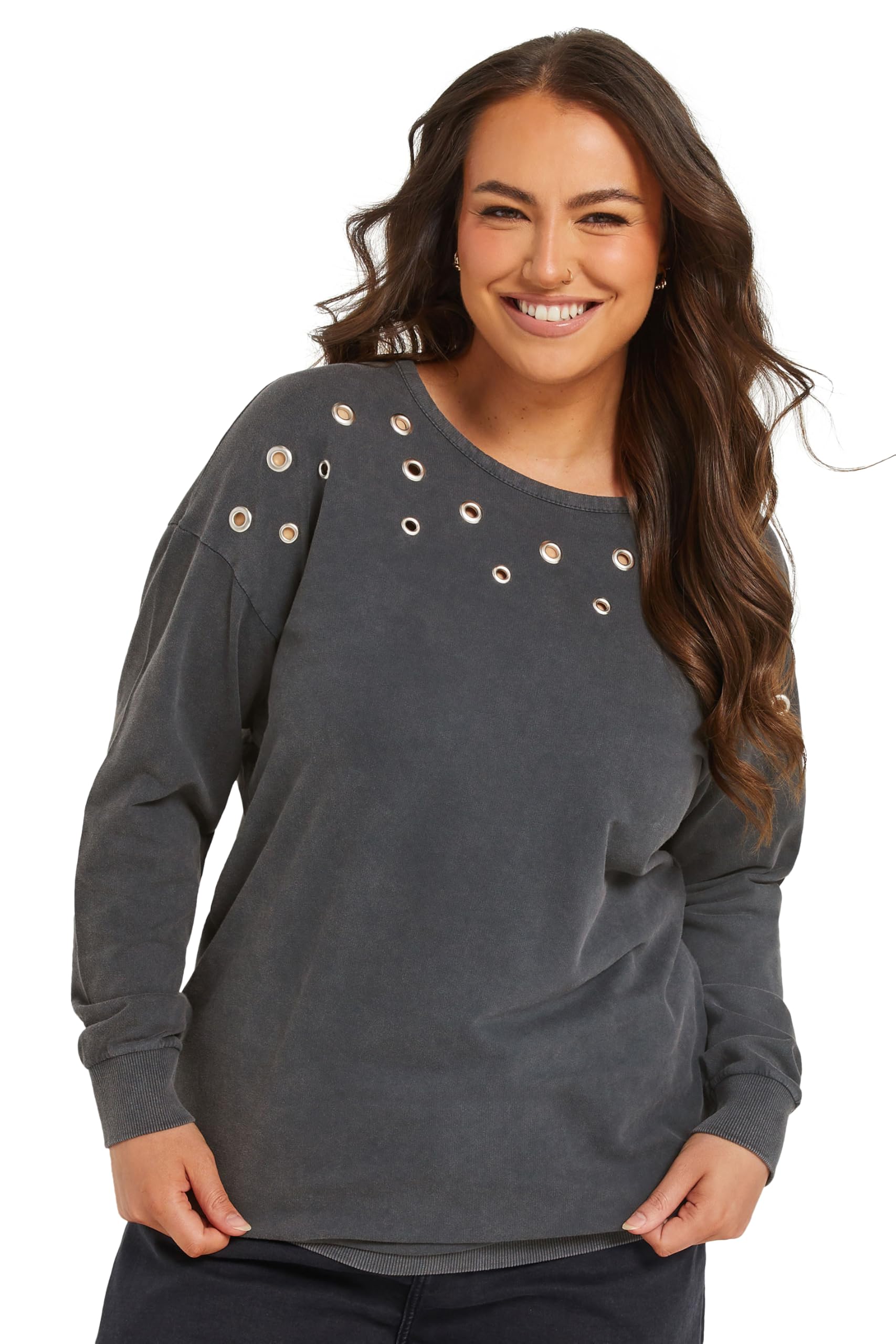 Yours Women's Grey Acid Wash Eyelet Sweatshirt In | : 30/32