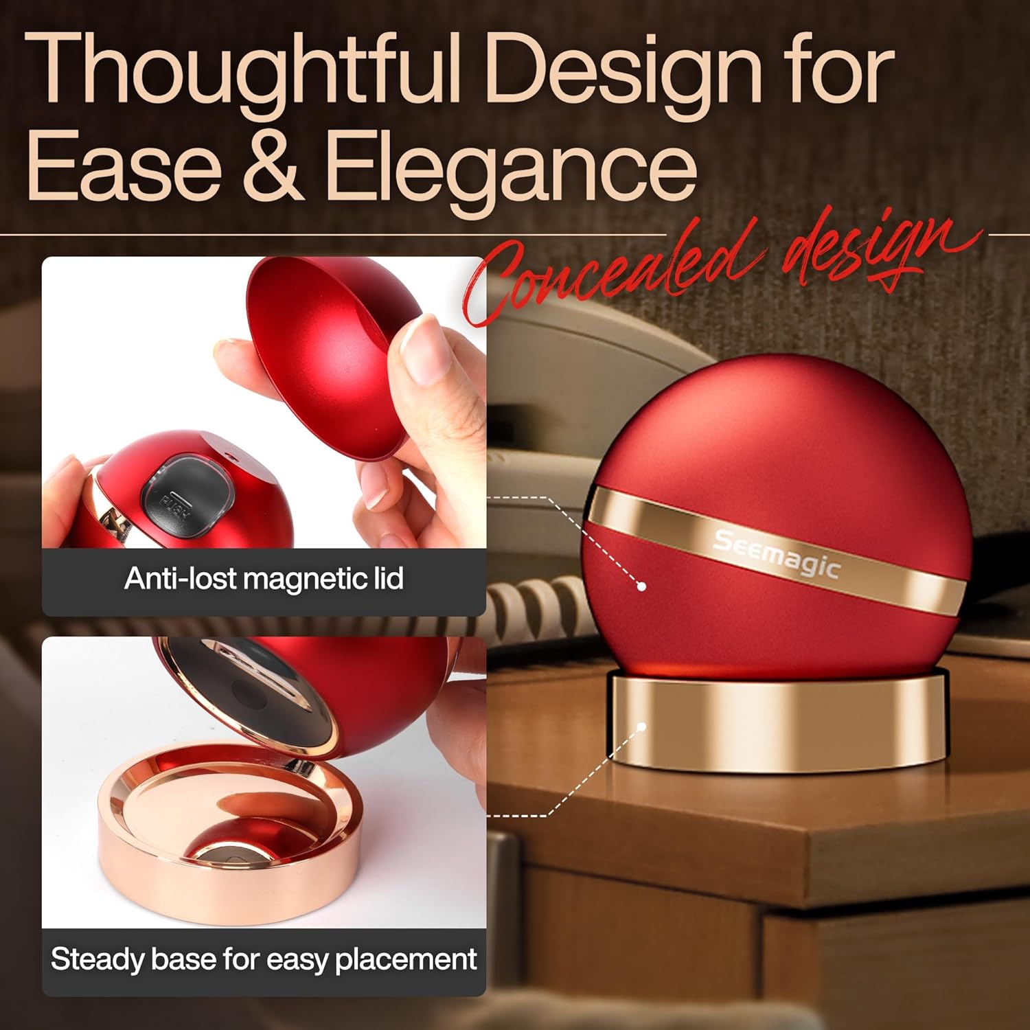 Images showing the Seemagic Electric Nail Clipper's anti-lost magnetic lid being opened and the steady base for easy placement