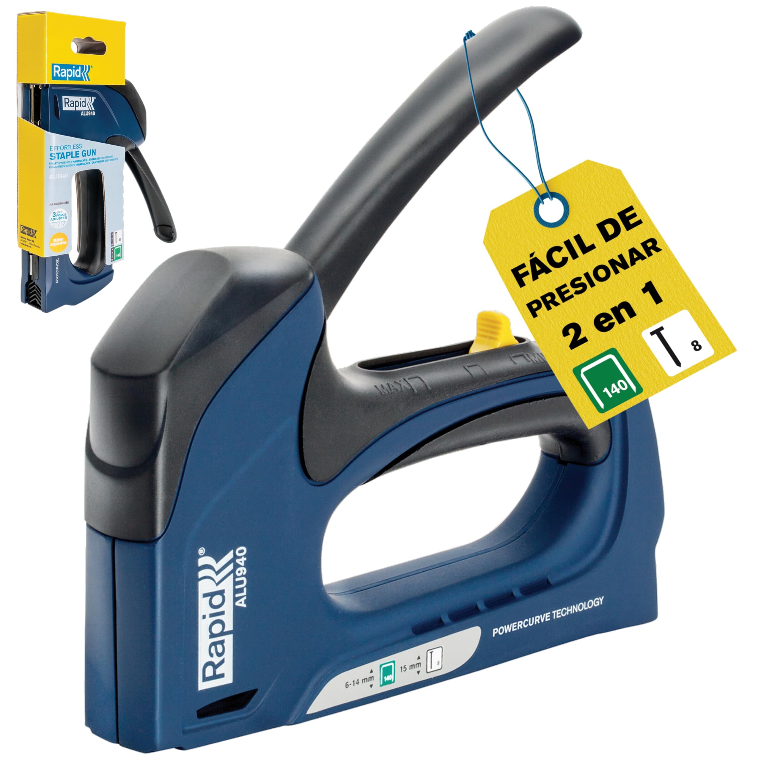 Rapid Grapadora Dual Profesional ALU940 para Grapas No. 140 Grapadora Manual con 3 Posiciones Ajustables, Tecnología Powercurve y Empuñadura Ergonómica (5001680)