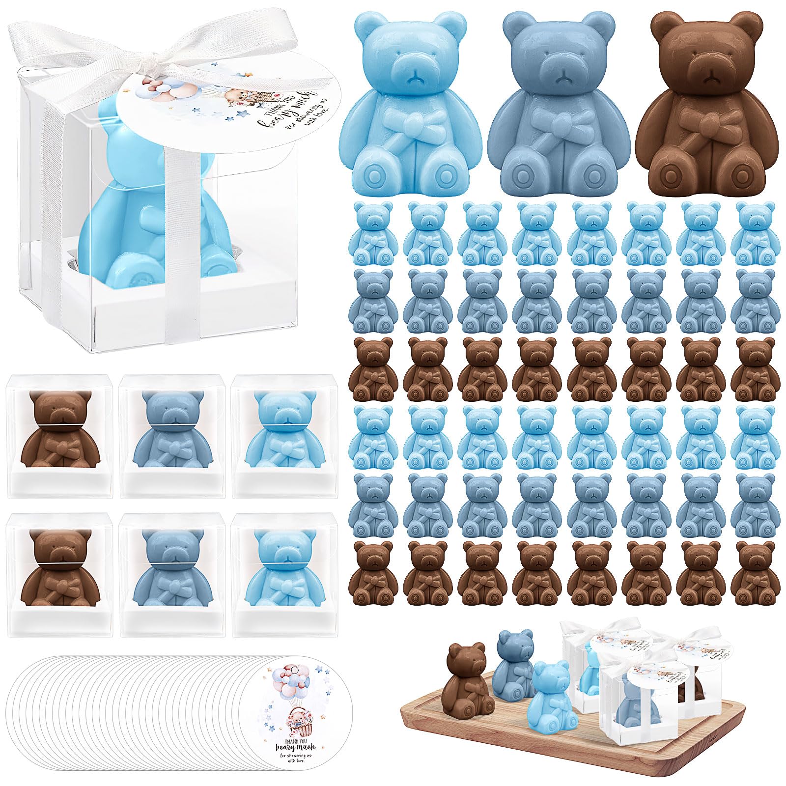 36 Stück Bären Seife Babyparty Gastgeschenke, Mini Baby Shower Bärenseife mit Geschenkbox Dankeskarten, Kleine Duftend Seife für Jungen Mädchen Gender Reveal Taufe Gäste Mitgebsel, Blau & Braun