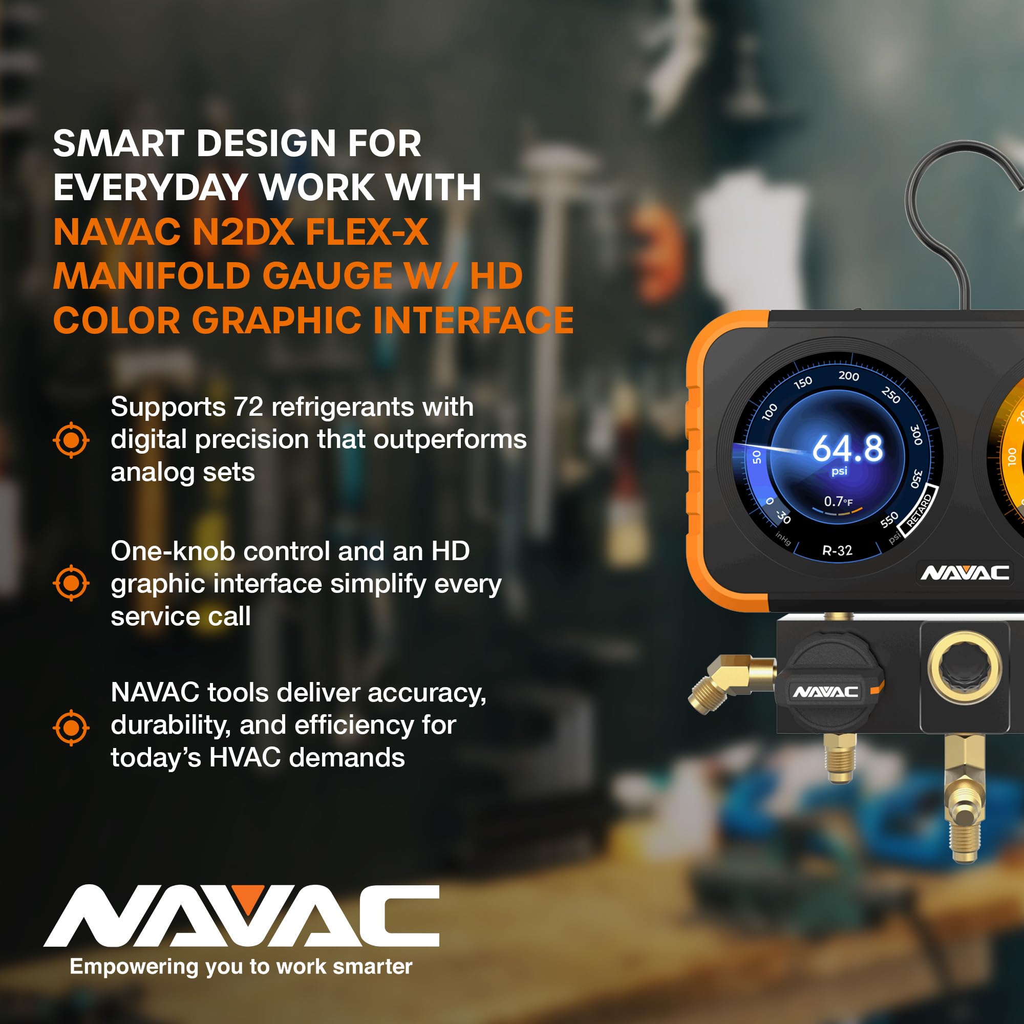 NAVAC N2DX Flex-X Manifold Gauge | HD Color Graphic Interface | Class 0.4 Accuracy | Impact-Resistant Digital Display with Aluminum Body and Rubber Cover | A2L Compatible | 2 Years Warranty