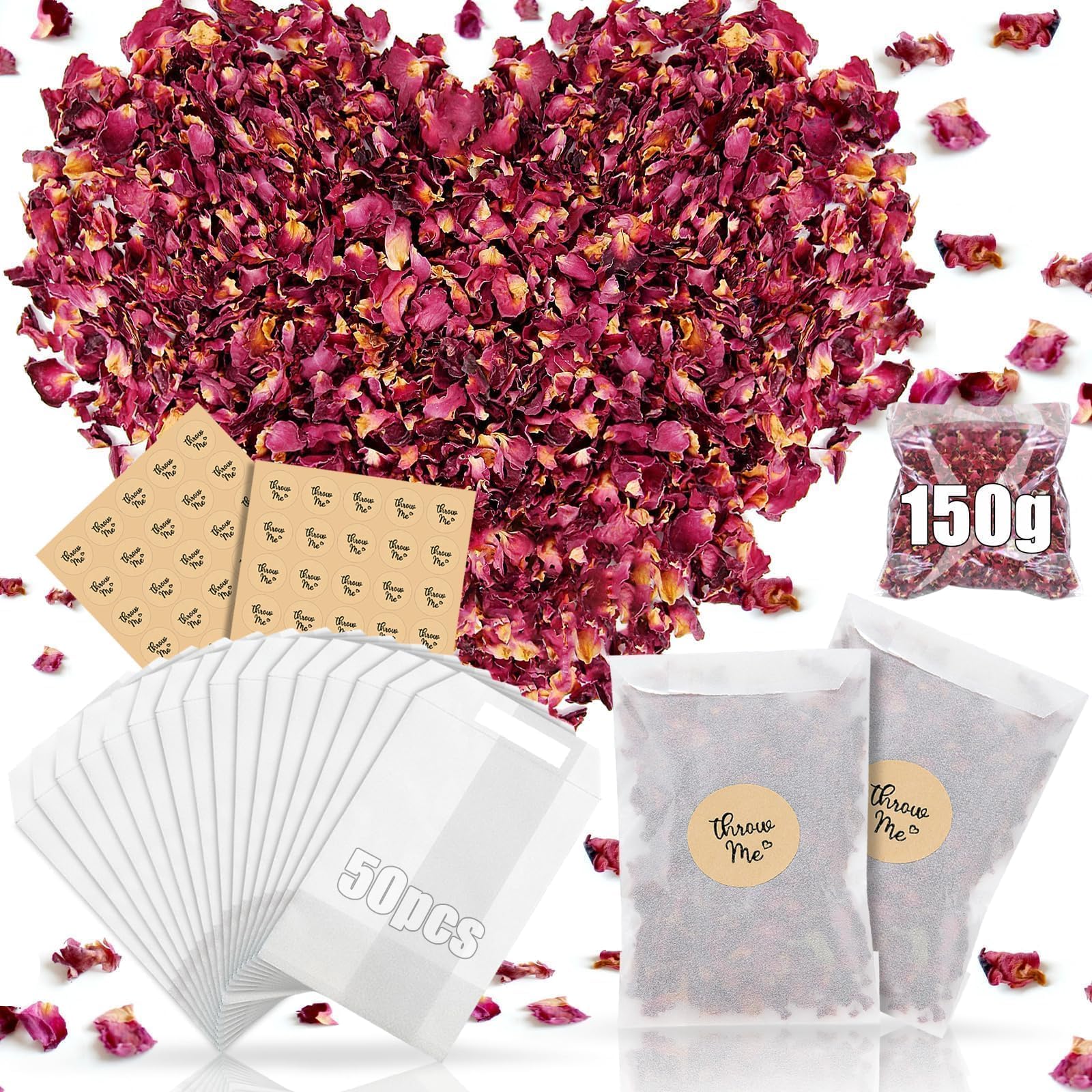 Mbsomnus 50 Juegos Petalos de Rosa Naturales 150 g Flores Secas Boda 50 Bolsas de Papel Confetti 50 Calcomanías Confeti de Boda Pétalos Flores Biodegradables para Bodas Propuestas Celebraciones