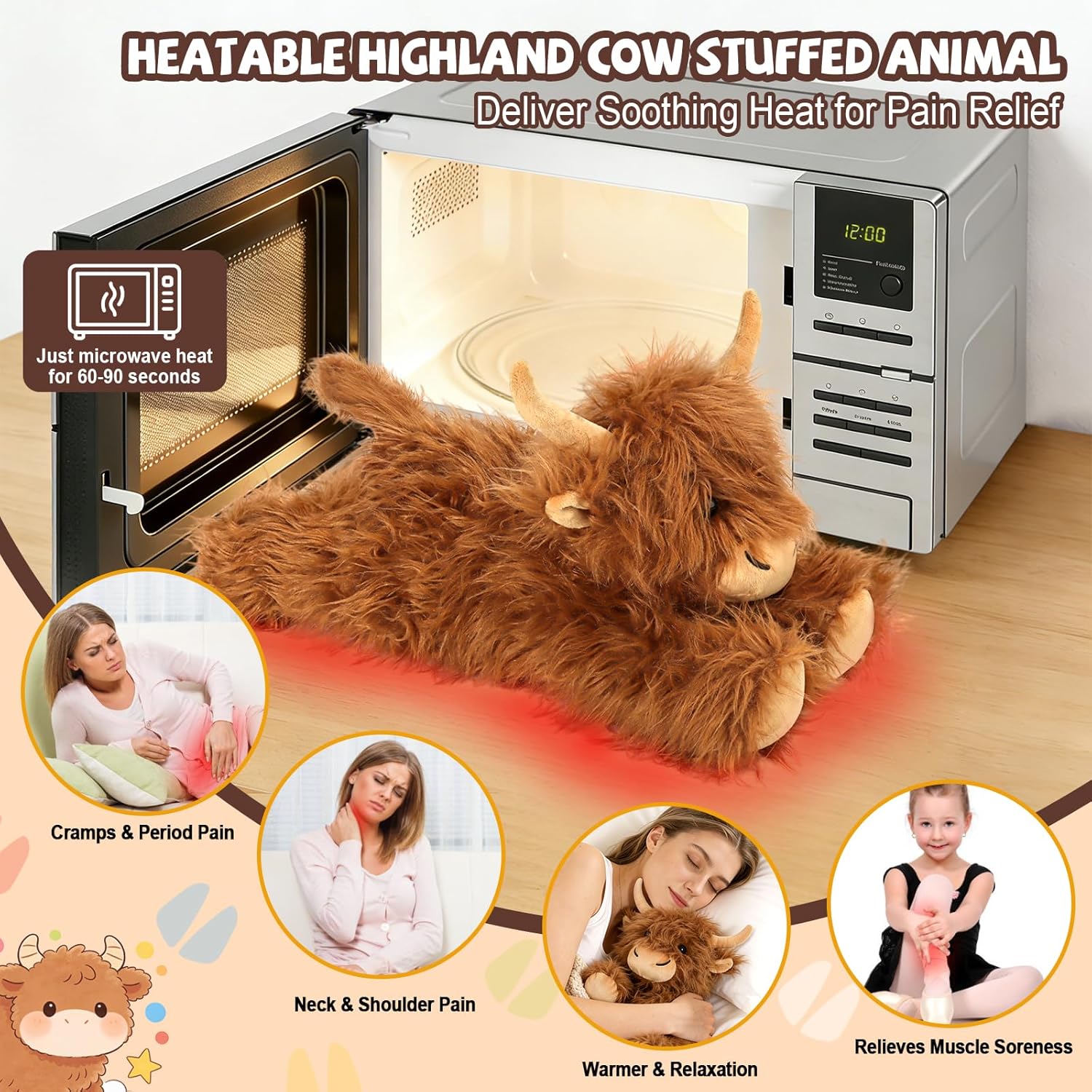 Highland Cow Stuffed Animals - Heatable Weighted Stuffed Animals, Lavender Scented Cow Plush for Sooth & Relax, Microwave Heating Pad for Period Cramps Pain & Stress Relief, Highland Cow Gifts （Brown）