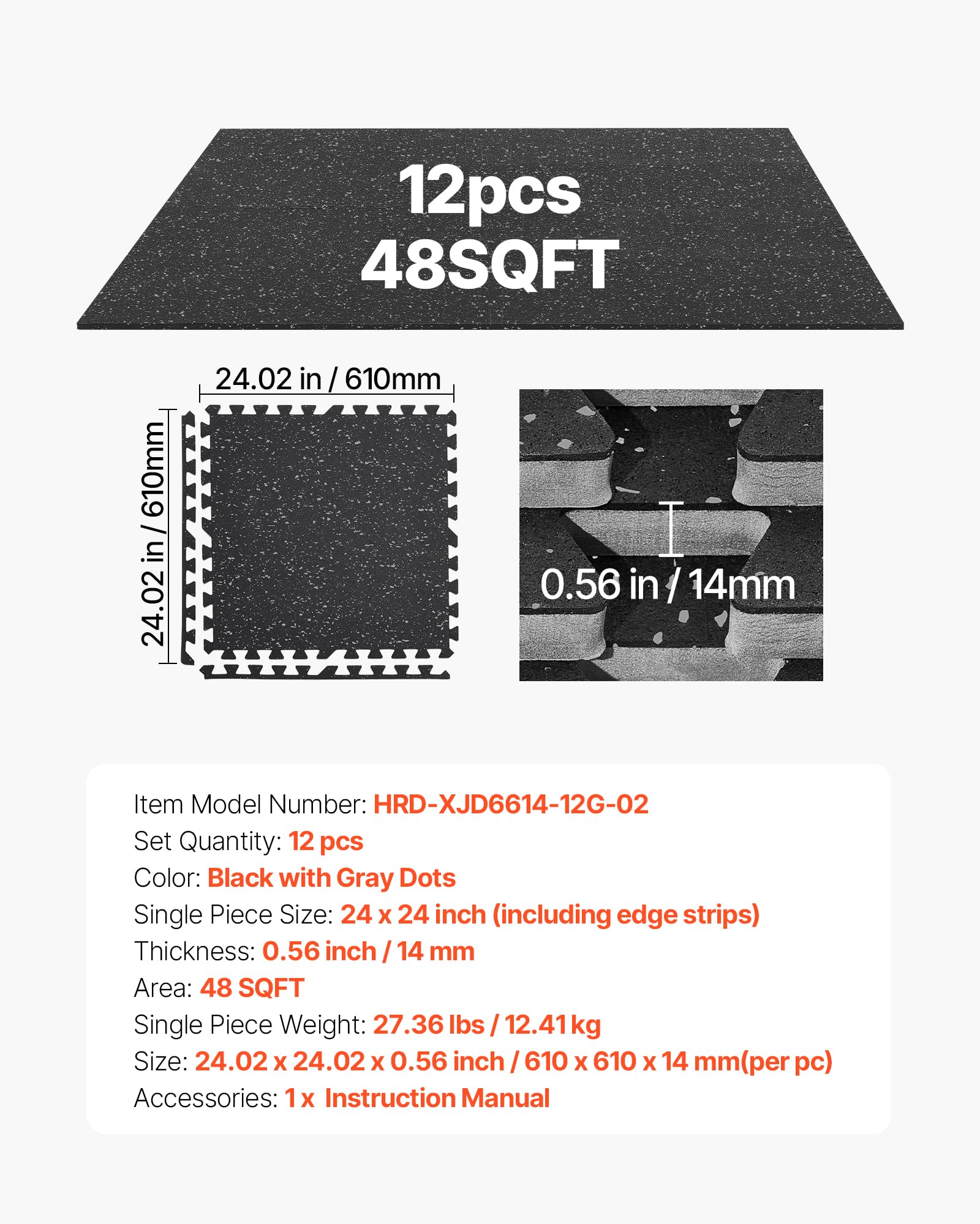 VEVOR Esterilla Puzzle 12 Piezas de 610 x 610 x 14 mm, Suelo Gimnasio de Goma EVA, Colchoneta de Ejercicios Alta Densidad con Puntos Grises Antideslizante Antigolpe Antiruido para Equipo Pesado, Casa