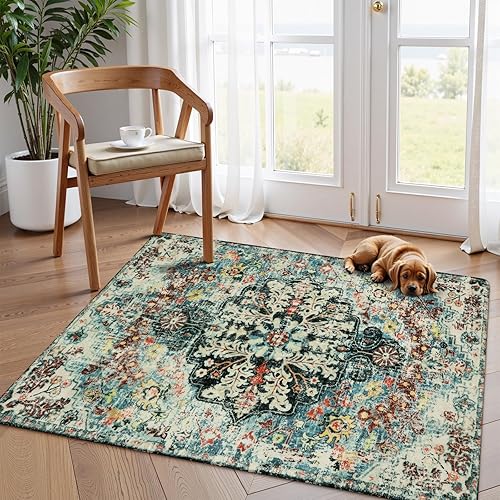 Miniatura 64 de Lahome Alfombra bohemia con medallón floral de 3 x 5 pies, suave, impresa, para baño, cocina, entrada, vestíbulo, vintage, antideslizante, lavable