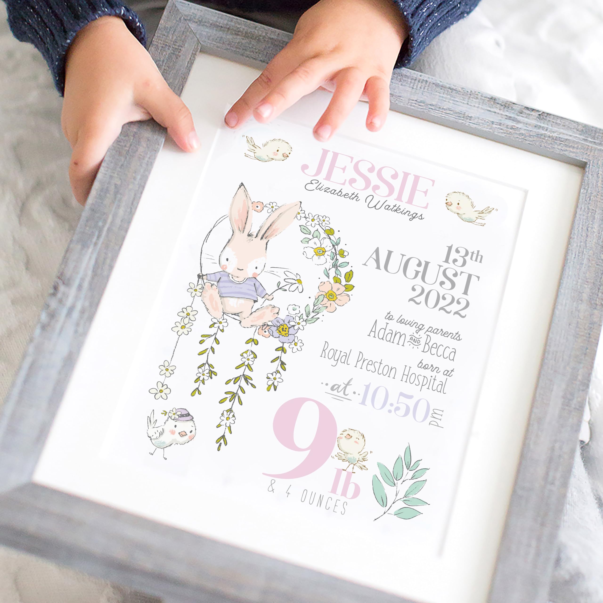 The Whistling Wren - Personalised Rabbit Birth Print - Birth Stats Personalisated New Baby Girl Gift Print - Perfect for a Spring or Easter baby! (Girl (Pink))