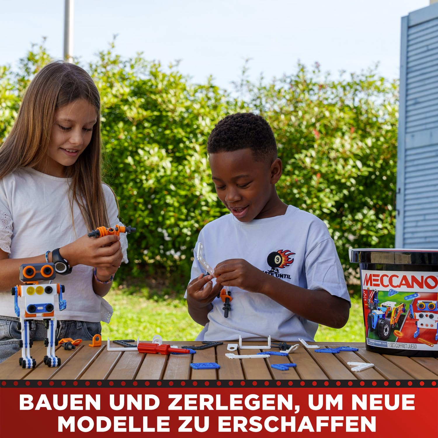 BANDAI - Meccano Junior Fass 150 Teile - Konstruktionsset 5 Modelle, 2 Werkzeuge, Anleitung, Aufbewahrungseimer - Aktivitäts-Kit Zusammenbau Spielzeuge & Fahrzeuge - Spielzeug ab 5 Jahren - APM19103