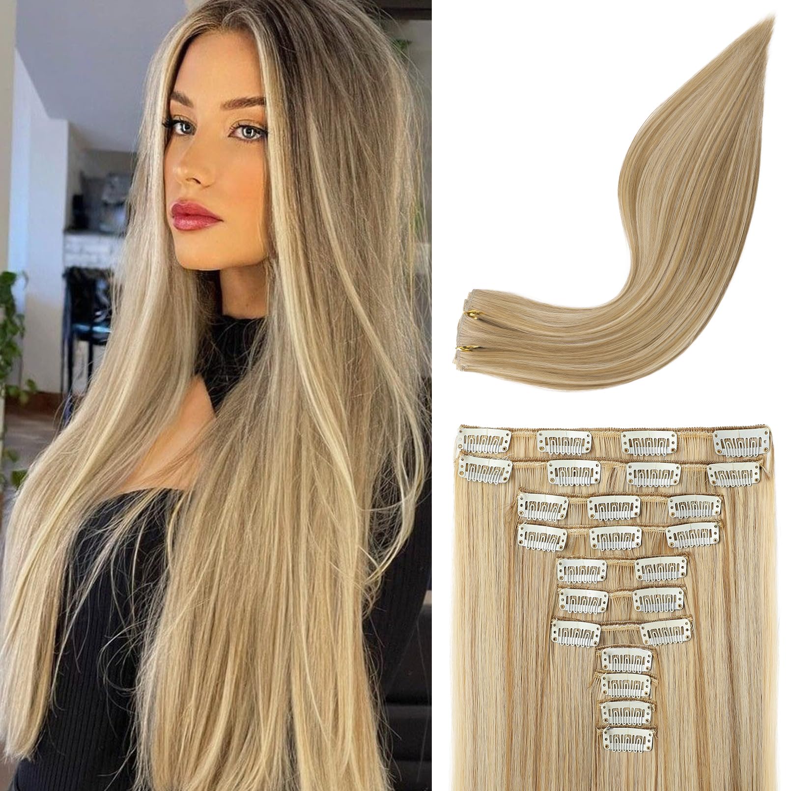 REECHO Hair Extensions, 11PCS Clip in Hair Extensions 24" Long Straight hair extensions HE005 Natural Soft Synthetic Hairpieces for Women – Dark