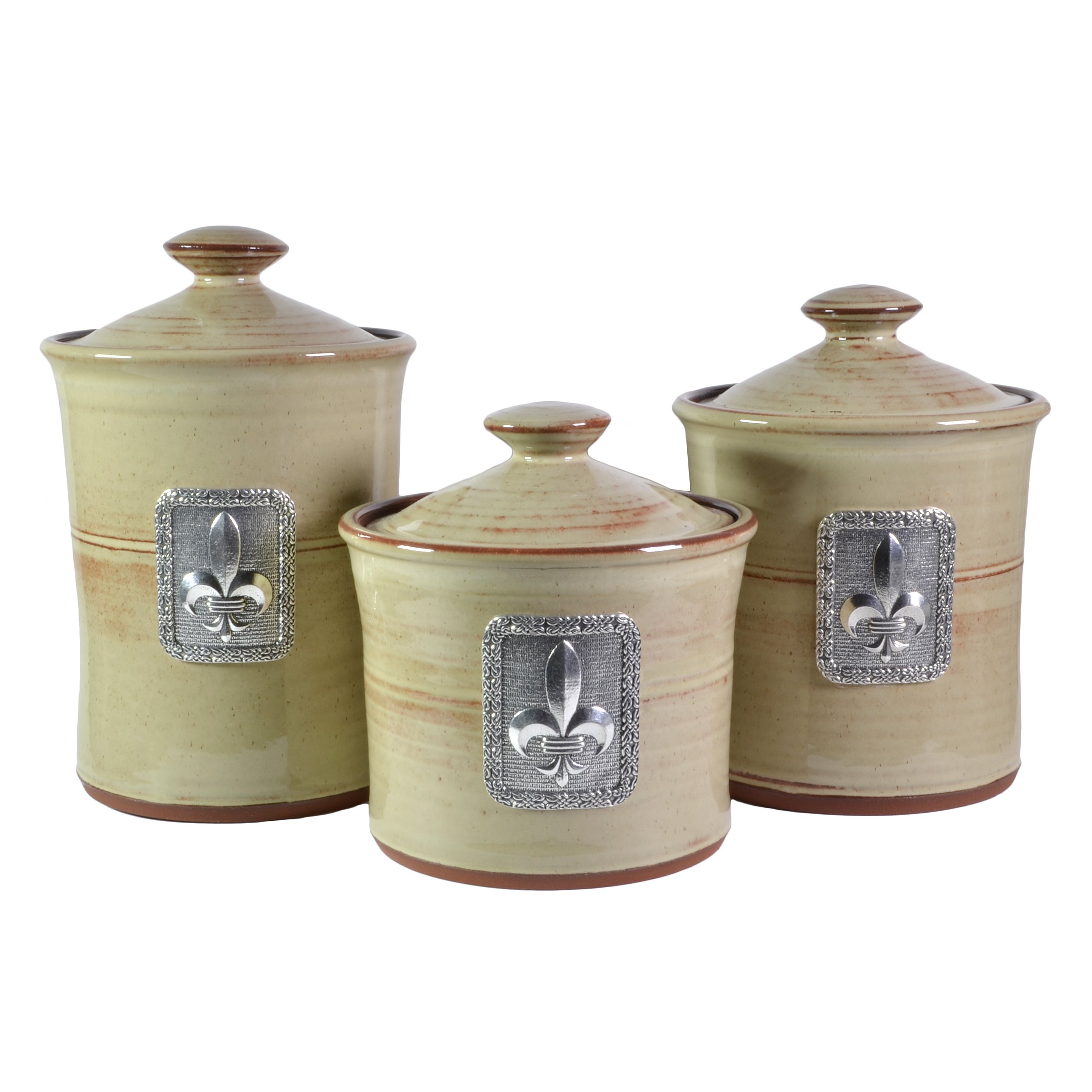 Oregon Stoneware Studio Fleur de Lys 3-piece Canister Set, Latte