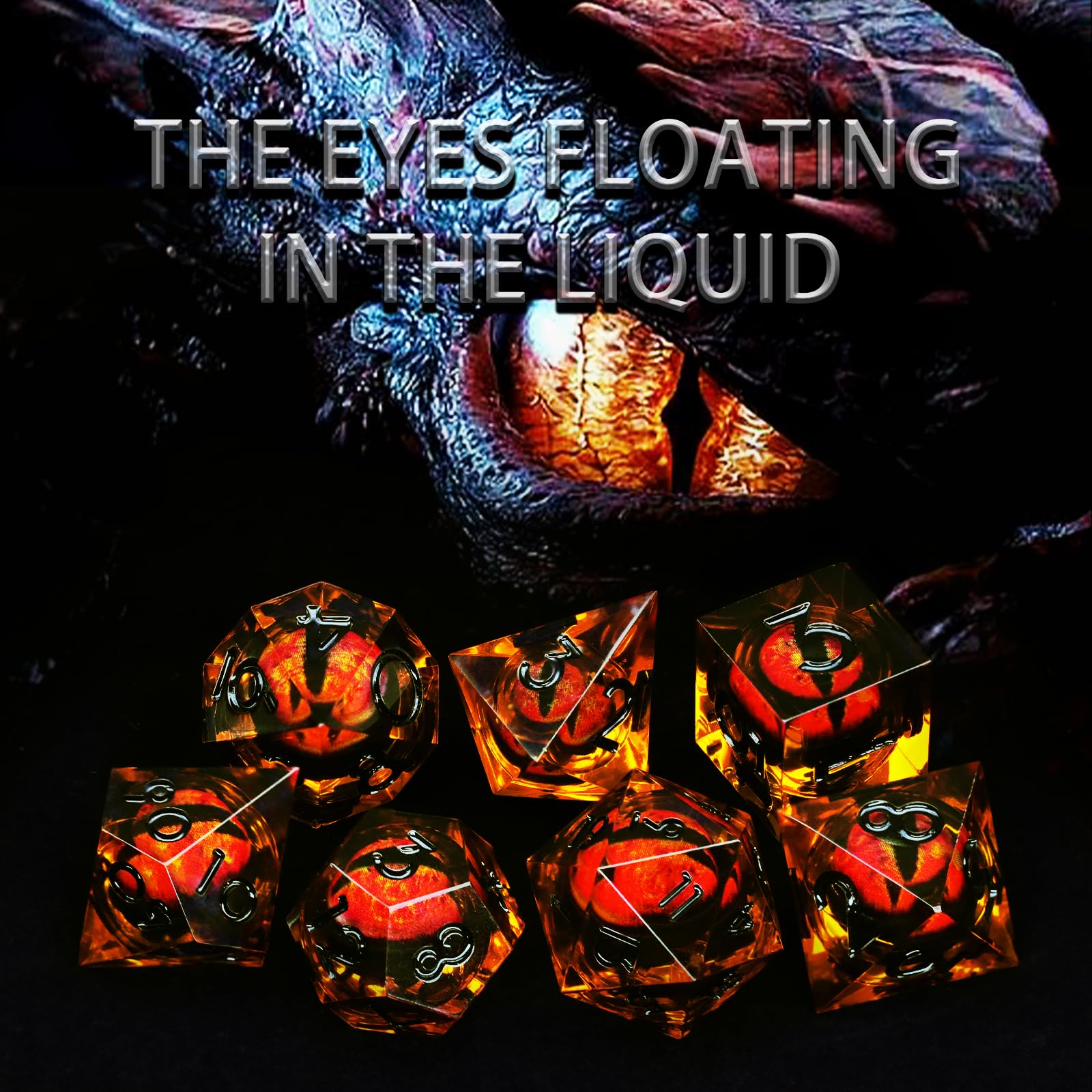 FONVGOGO DND Würfel Set Bewegliche Drachenauge Harz Dungeons and Dragons Würfel 7 Stück Polyedrische DND-Würfel Spielwürfel mit Geschenkbox DND Dice Set (Drachenauge Schwarz Braun)