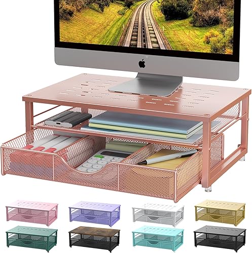 Miniatura 8 de gianotter Soporte elevador para monitor de computadora, organizador de oficina con cajón, organizador de oficina de almacenamiento para suministros