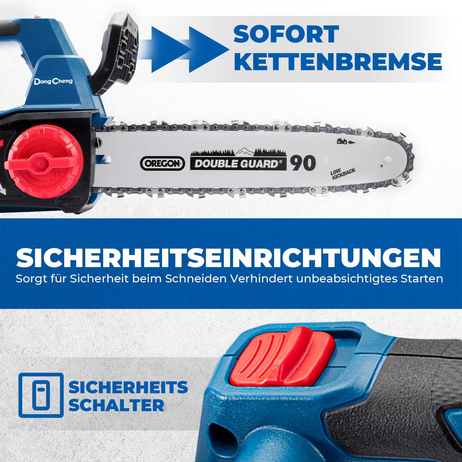 DongCheng Akku Kettensäge 20V, bürstenloser Motor, 12 m/s Kettengeschwindigkeit, 30cm OREGON-schwert/-kette, werkzeuglose Kettenspannung, automatische Kettenschmierung, inkl. 2x4,0 Akku & Ladegerät
