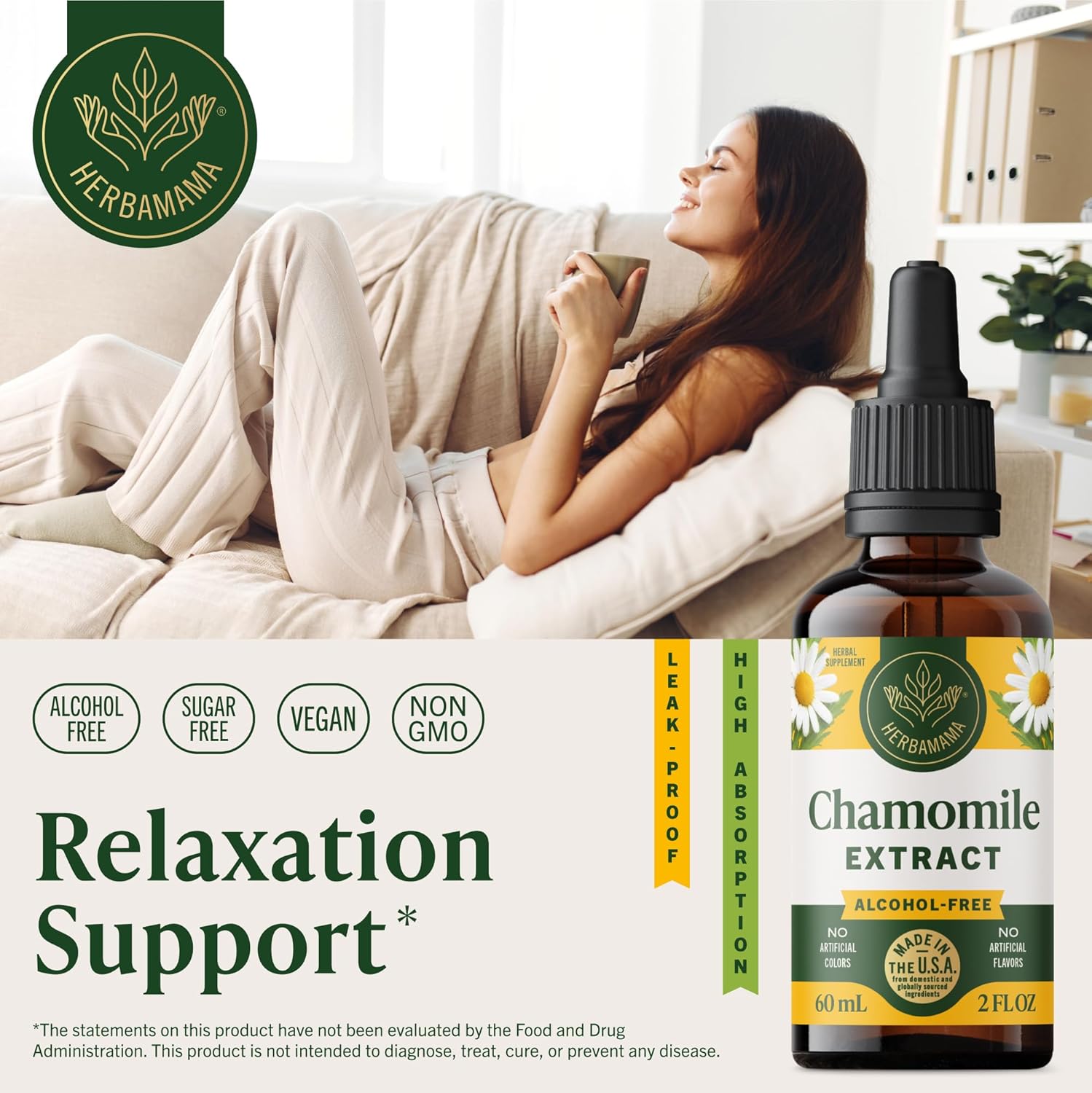 HERBAMAMA Chamomile Tincture - Vegan Relaxation & Calm Support with Chamomile Flower Extract Drops - Non-GMO, Alcohol & Sugar-Free Liquid Calming Supplement, 28-Day Supply - Image 2