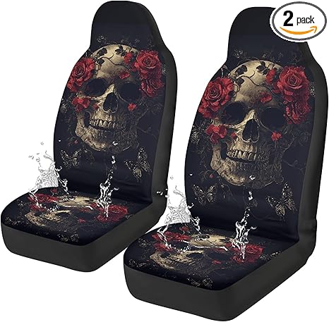 Gothic Skull Car Front Seat Covers Rose Waterproof Universal Front Seat Cover Black Removable Automotive Accessories Easy Installation Suitable for Cars, SUV and Trucks