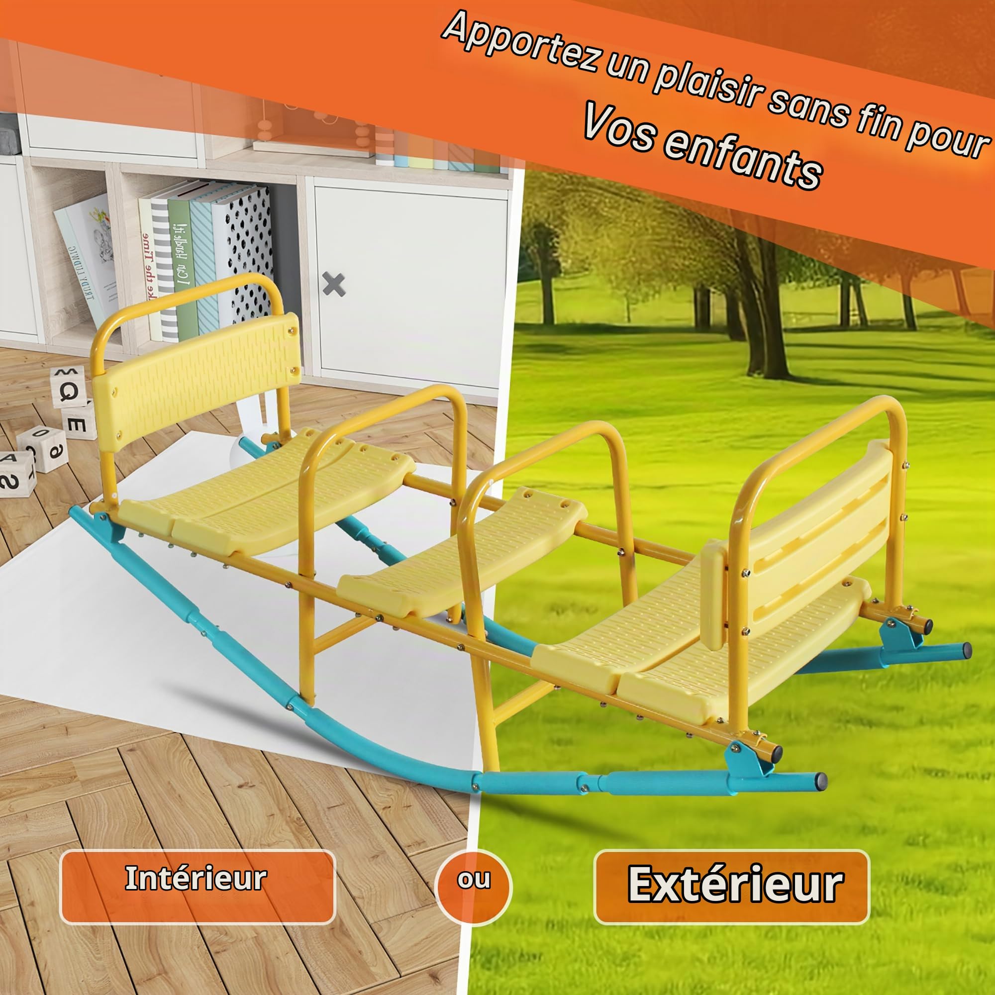 Balançoire à Bascule 3 Places, Dossiers et Poignées, Trébuchet en Métal pour Jardin, Salon, École – Assise Confortable, Anti-Rouille–Balancoire Exterieur avec 3 Sièges pour Enfant 3-8 Ans