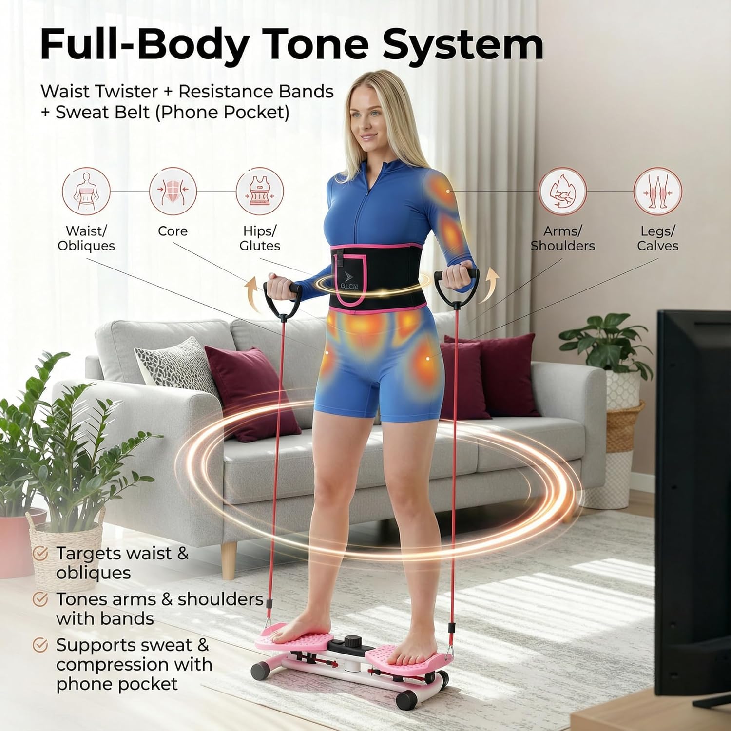 FLÉCHA Waist Twister Machine Exercise, Ab Workout Equipment, Waist Twisting Exercise Board with Digital Counter, Tracks Time Twists Calories, Non-Slip Core Trainer, 300 lb Capacity, Twist Board with Sweat Belt & Virtual Workout Plan, Resistance Bands, Pink/White