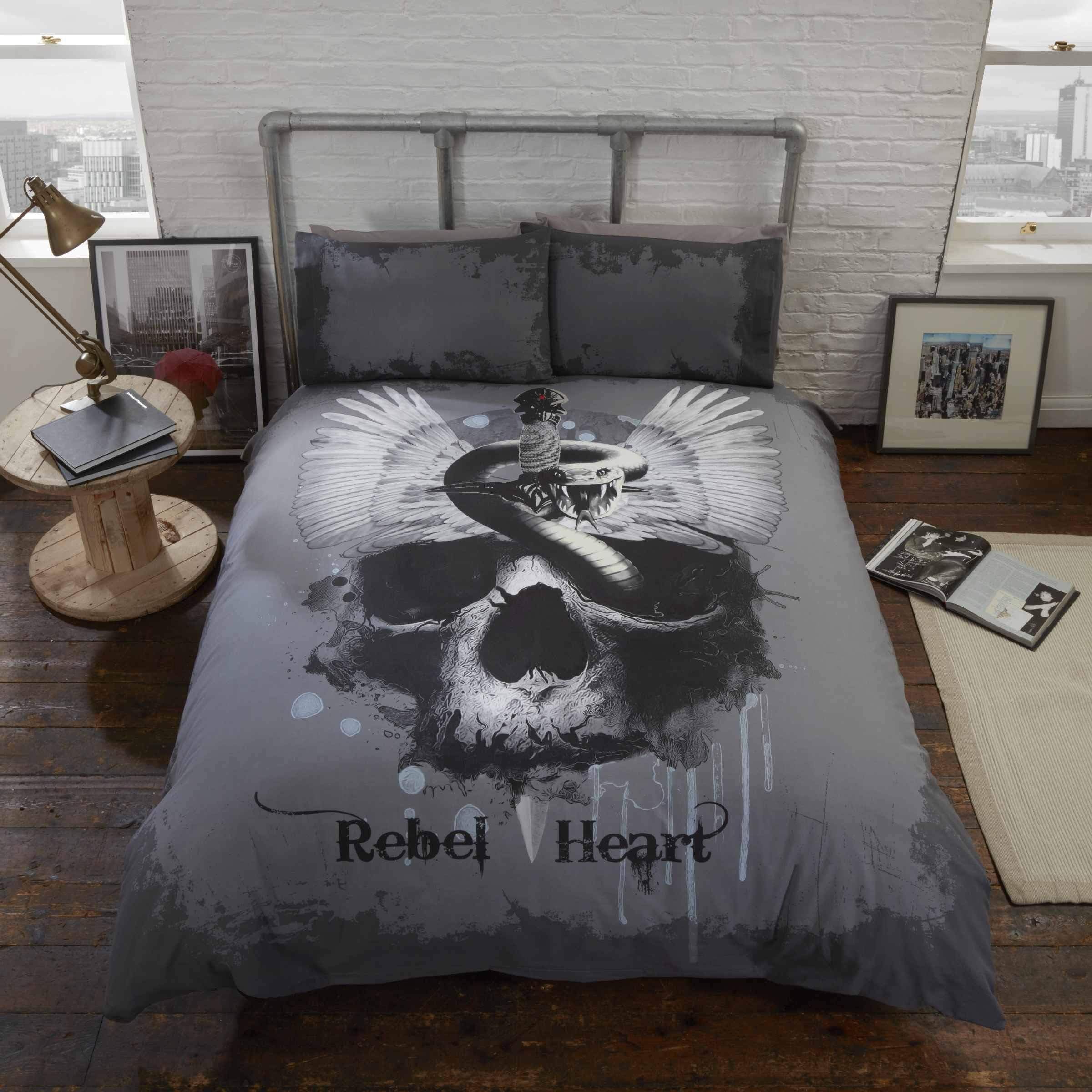 Rapport Home Single Bed Duvet Cover and Pillowcase Set Gothic Skull, Polyester, Grey