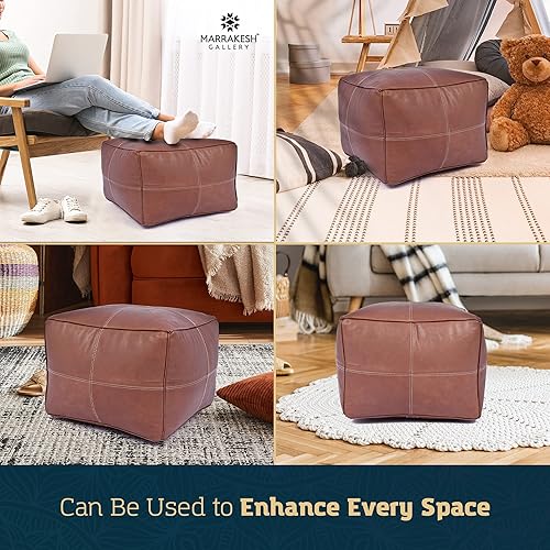 Miniatura 7 de Marrakesh Gallery Funda otomana de cuero - Puf cuadrado marroquí, sala de estar, dormitorio otomano Marrón,Beige Bronceado,Azul,Marrón (Dark