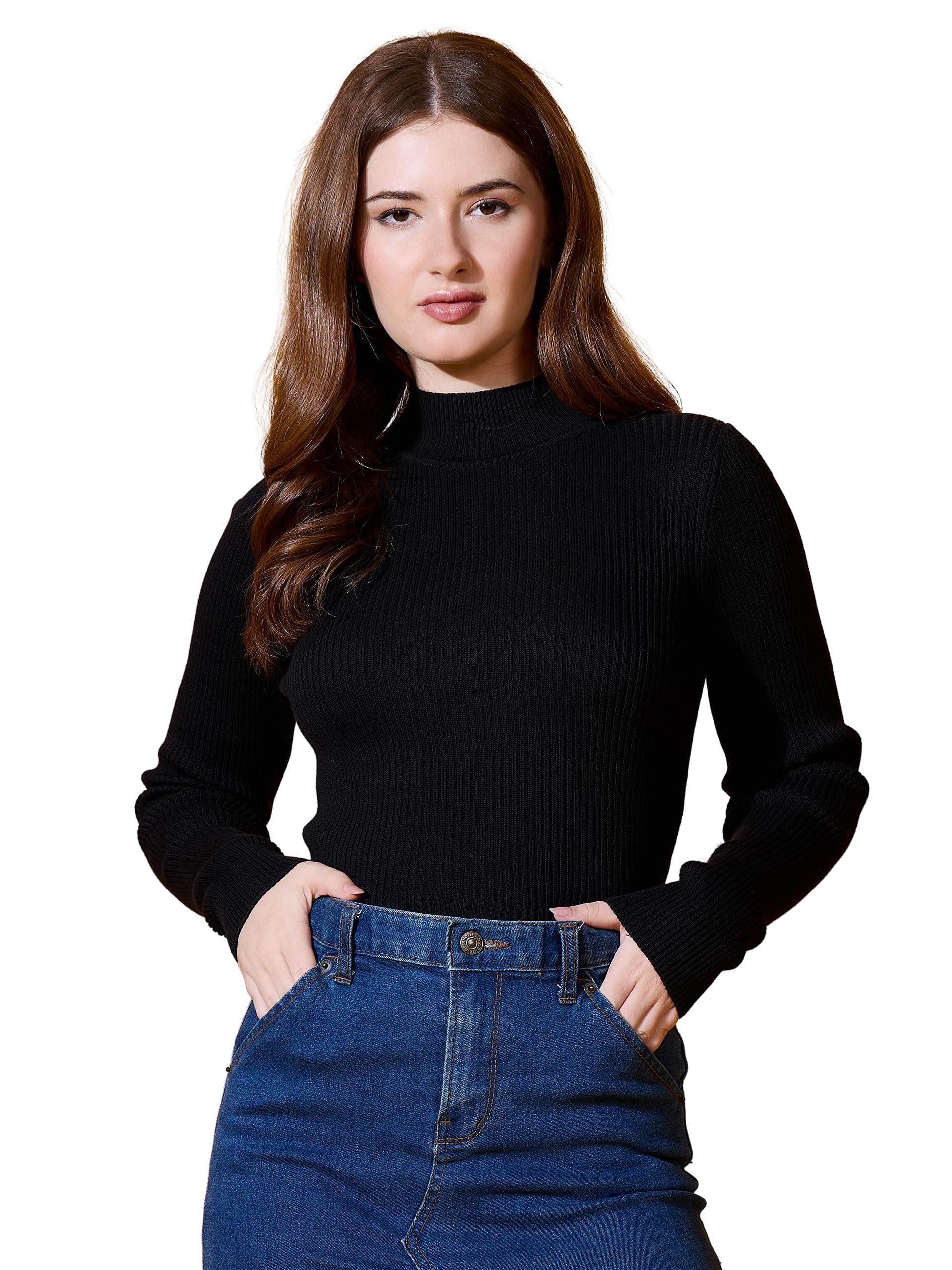 98 Degree Women Pure Cotton High Neck Sweater Has A Full Sleeve & Straight Hem-AW25AZG1136-BLACK-image-42
