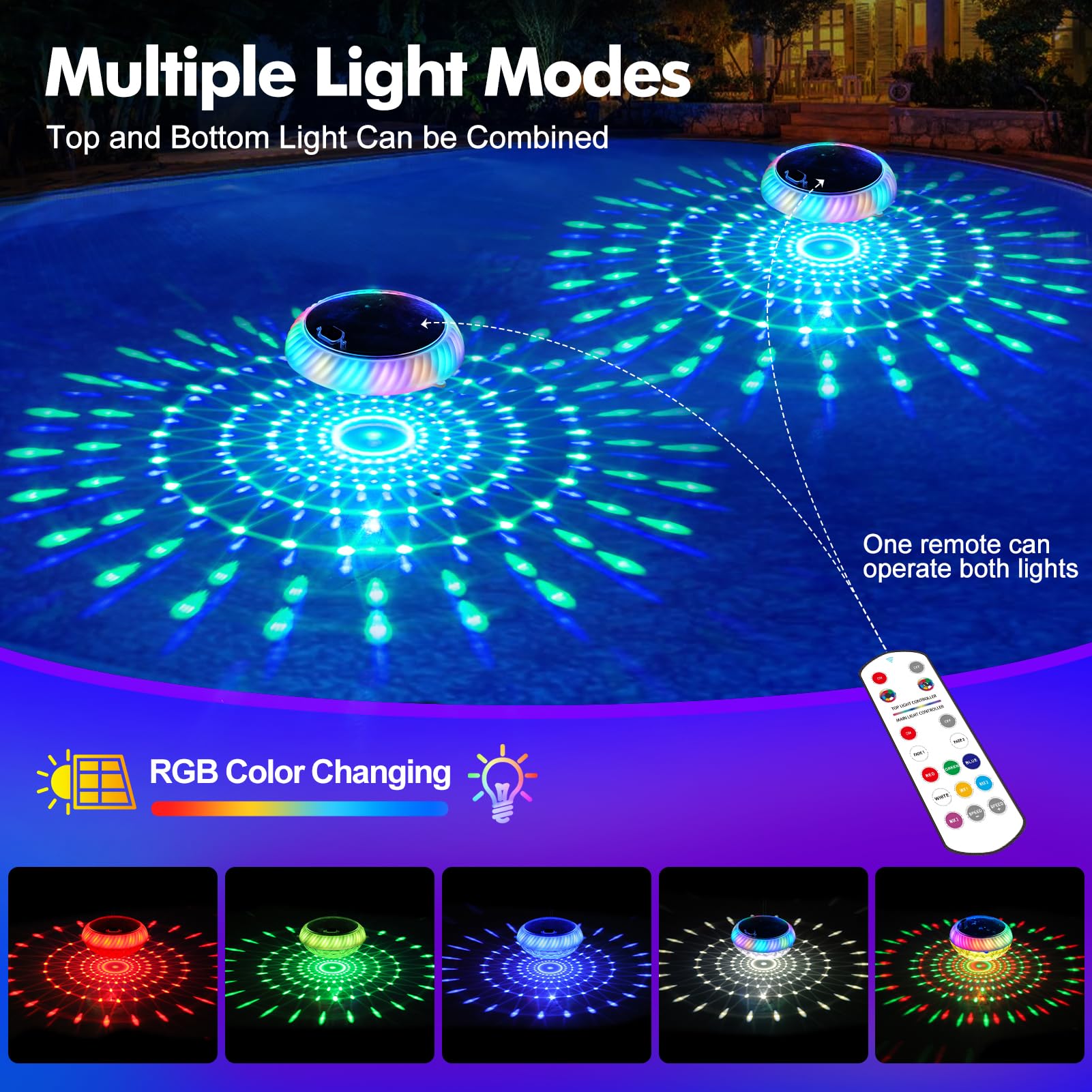 Askyli Luces flotantes para piscina alimentadas por energía solar con control remoto, luces solares RGB de 7.6 pulgadas que cambian de color que flotan con efectos de iluminación dinámicos, luz
