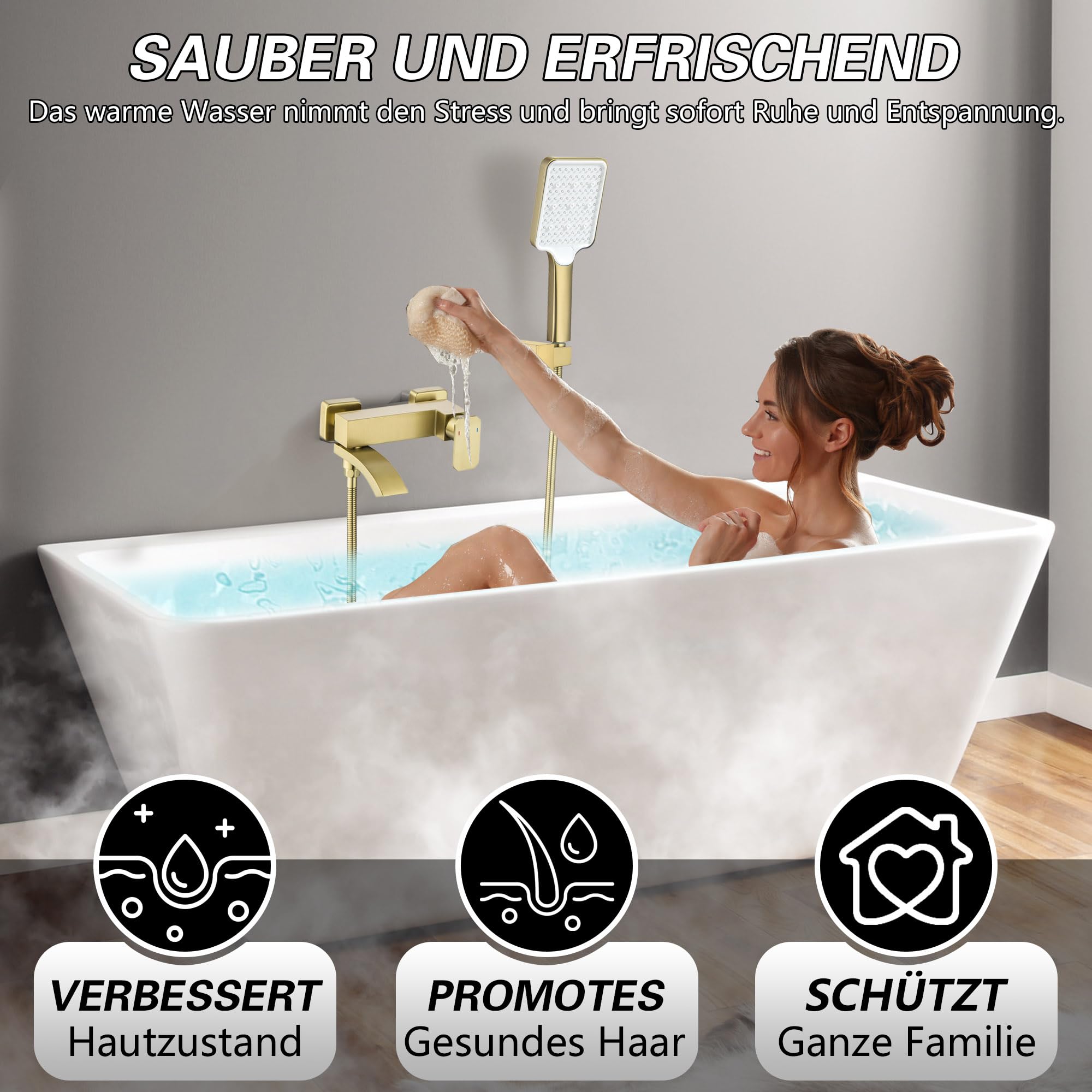 Rubinetto per vasca da bagno oro spazzolato con doccetta grande e beccuccio girevole 90° 3 funzioni