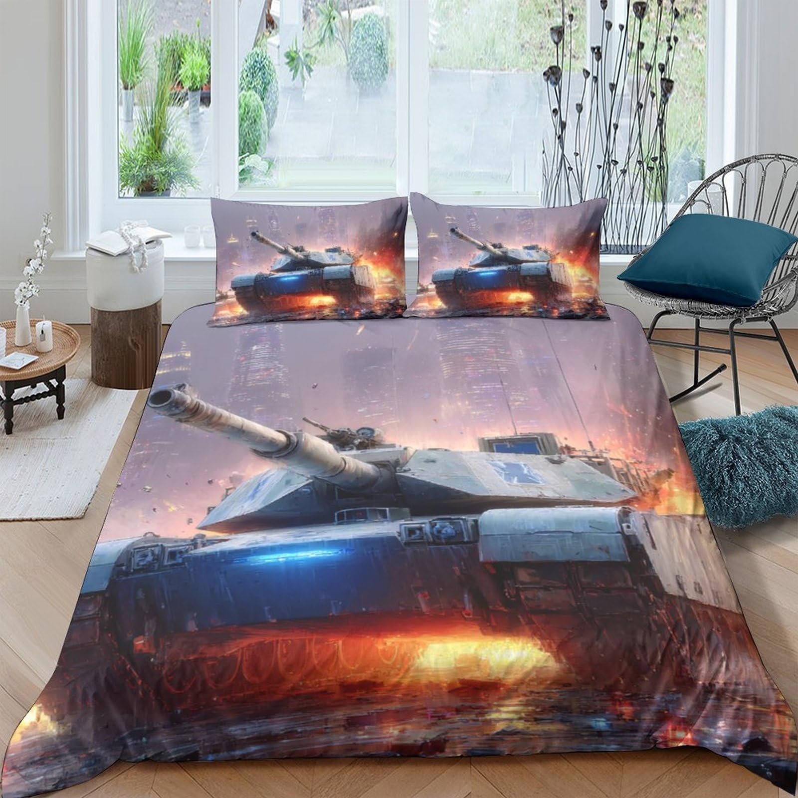 TUFRTGYHN 3D Printed Battle Tank Duvet Cover Microfiber Soft Breathable Fire Explosion Bedding Set with 2 Pillowcases for Bedroom Decor Single（135x200cm）