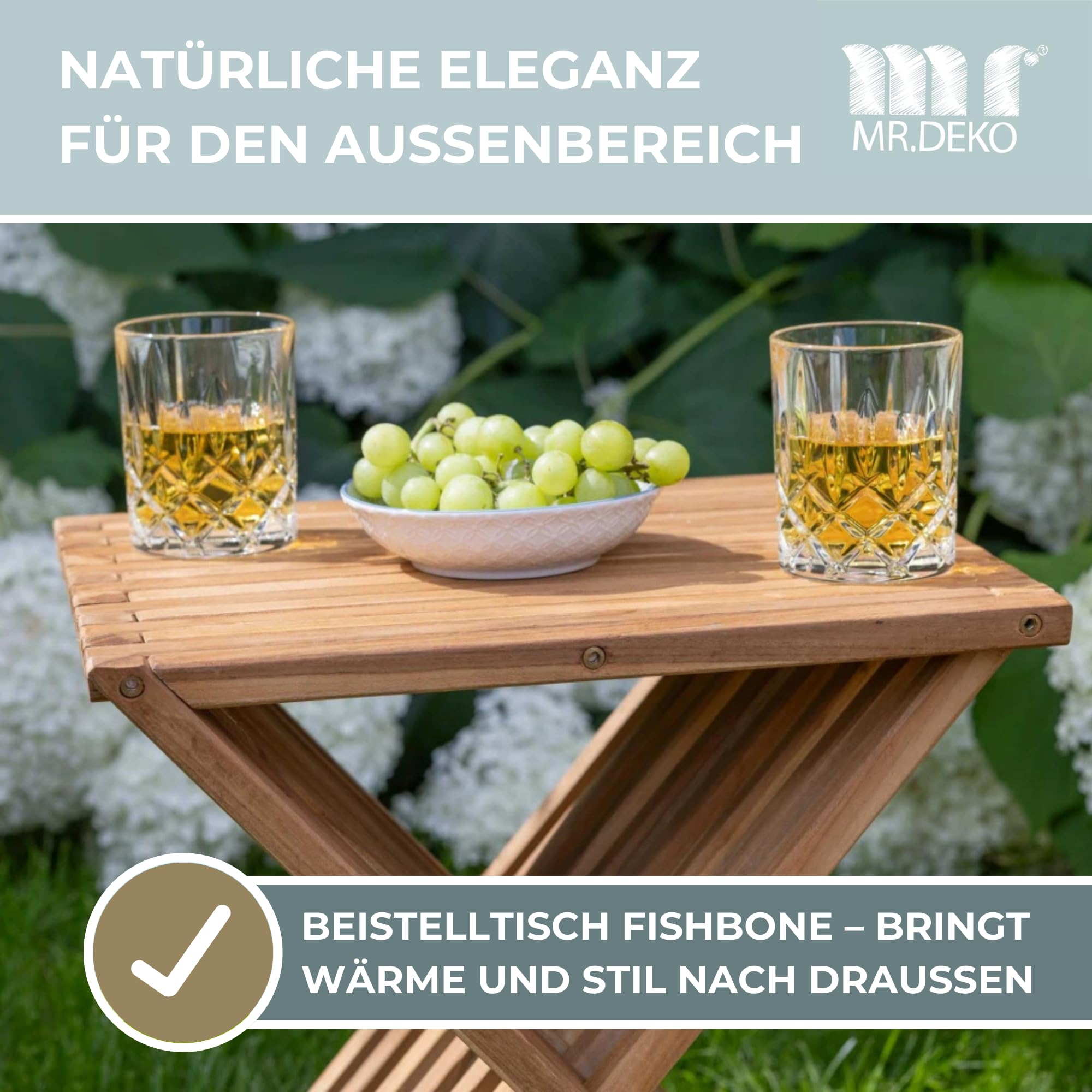 MR. DEKO Beistelltisch Outdoor Fishbone Balkon Tisch klappbar klein | 40x32cm Teakholz wetterfest
