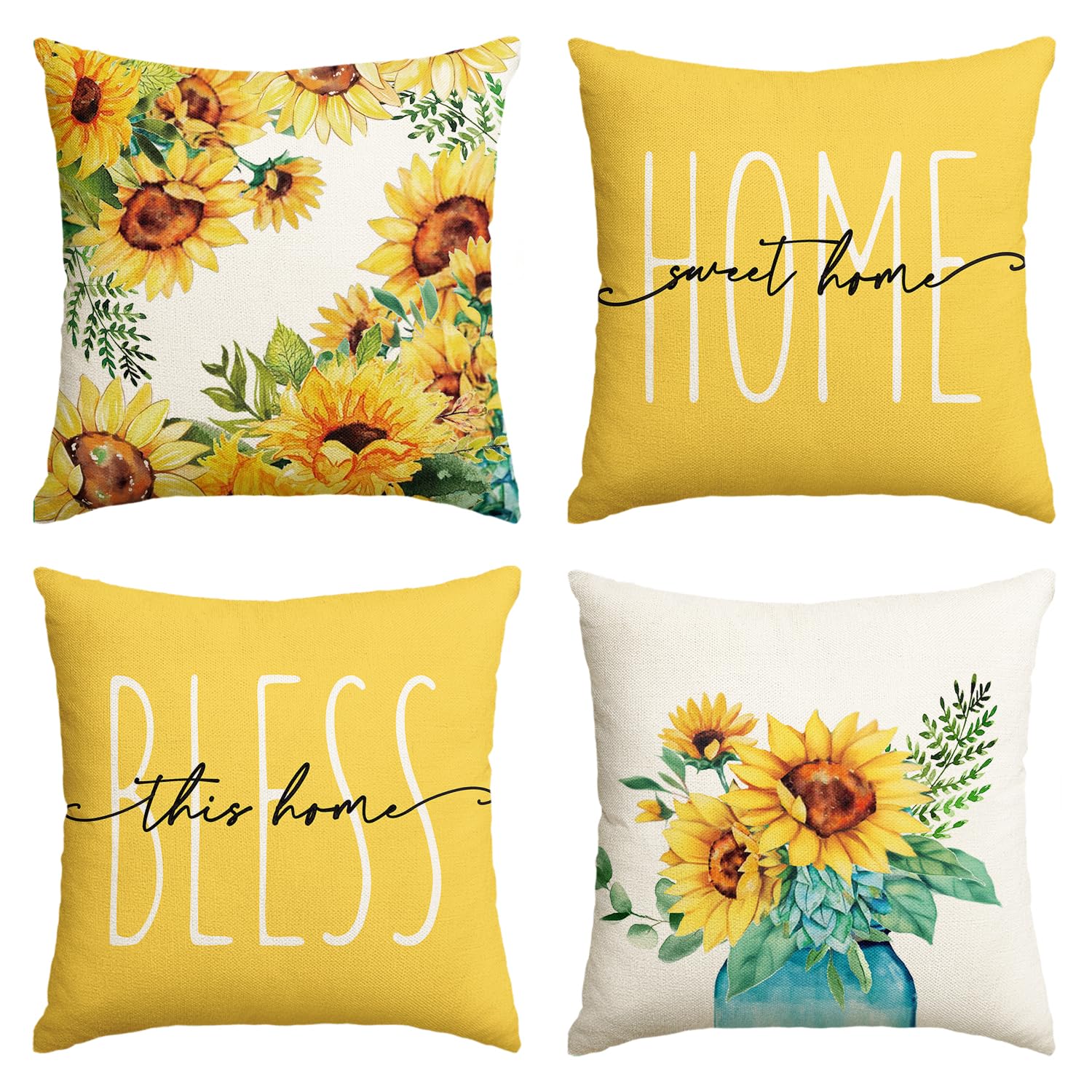 AVOIN colorlife Home Sweet Home Sunflower Throw Pillow Covers, 18x18 Inch Spring Summer Seasonal Decorations for Sofa Couch Set of 4