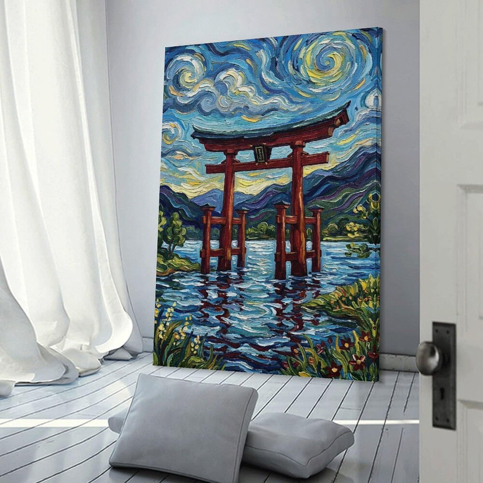 Junmoney Torii Gate in Water with Starry Sky Wall Decor Canvas Print, 20x30inch(50x75cm), for Home Lounge, Bedroom Or Reading Nook, Decorative Artwork for Empty Walls