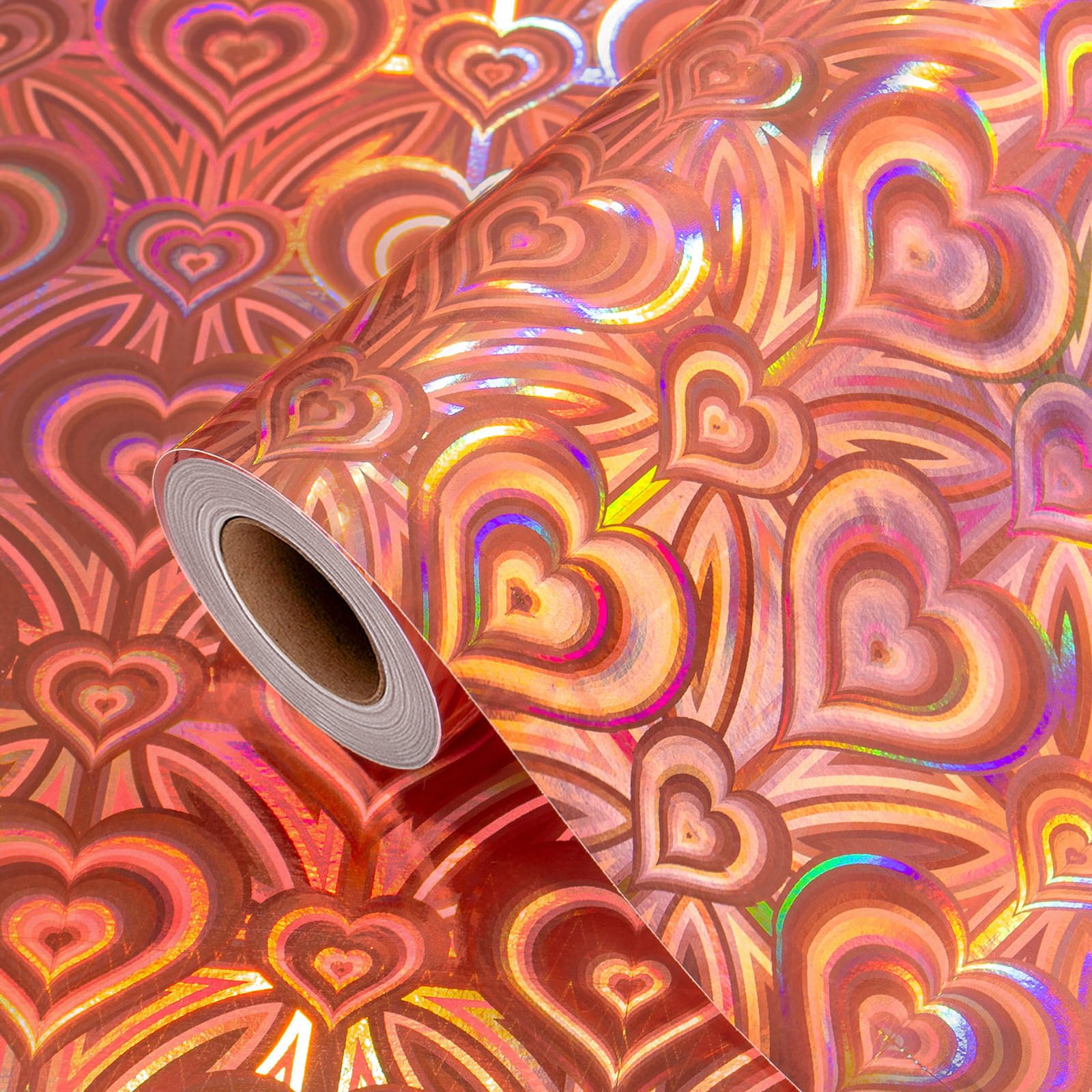 Burymento Rose Gold Wrapping Paper Roll, Metallic Holographic Heart Gift Wrap for Birthday, Valentines, Mothers day, Graduation, Wedding, Fathers day,
