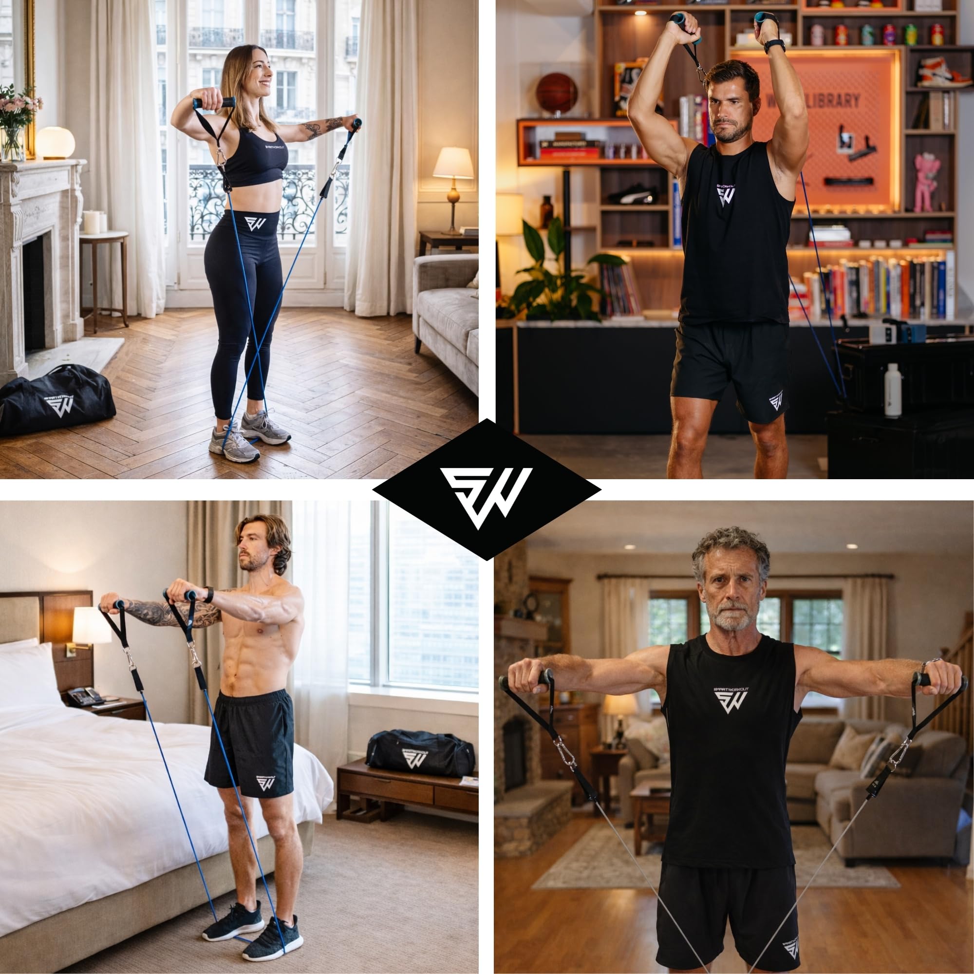 SMARTWORKOUT Pro - Kit de Bandas de Resistencia para Musculación (120 kg) - 7 Gomas de Látex, Accesorios y App de Entrenamiento - Opción con o sin Barra