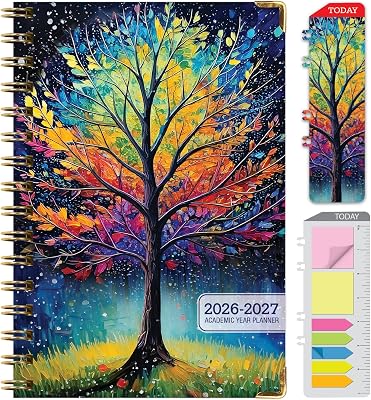 HARDCOVER Academic Year 2026-2027 Planner: 14 Months (May 2026 Through June 2027) 5.5"x 8" Daily Weekly Monthly Planner Yearly Agenda. Bookmark, Pocket Folder and Sticky Note Set (Black Tree Seasons)