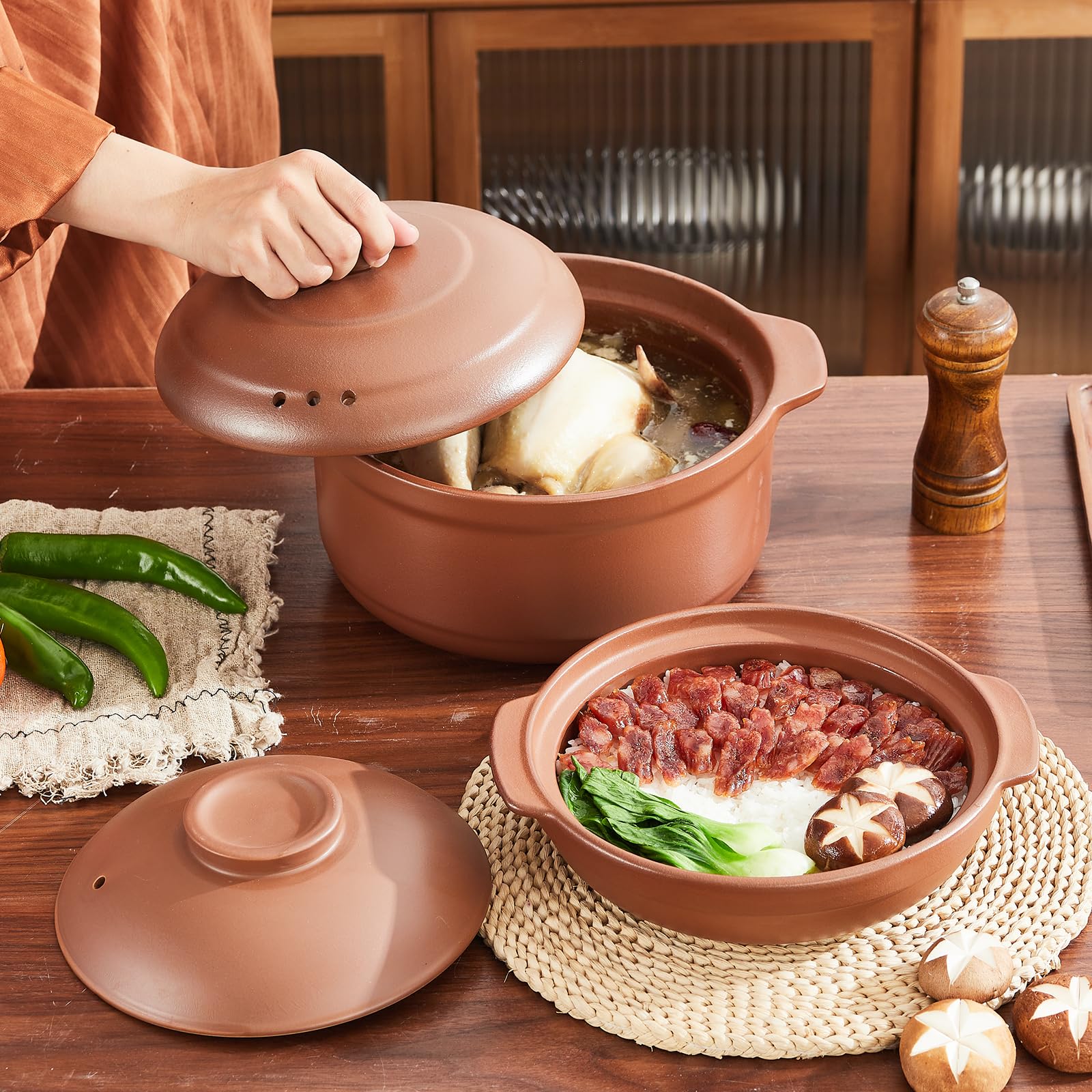 Casseruola in ceramica di terracotta non smaltata, pentola in terracotta, pentola con coperchio per cena e feste, pentola per riso, stufato, forno e servire in forno, sicura e resistente al calore
