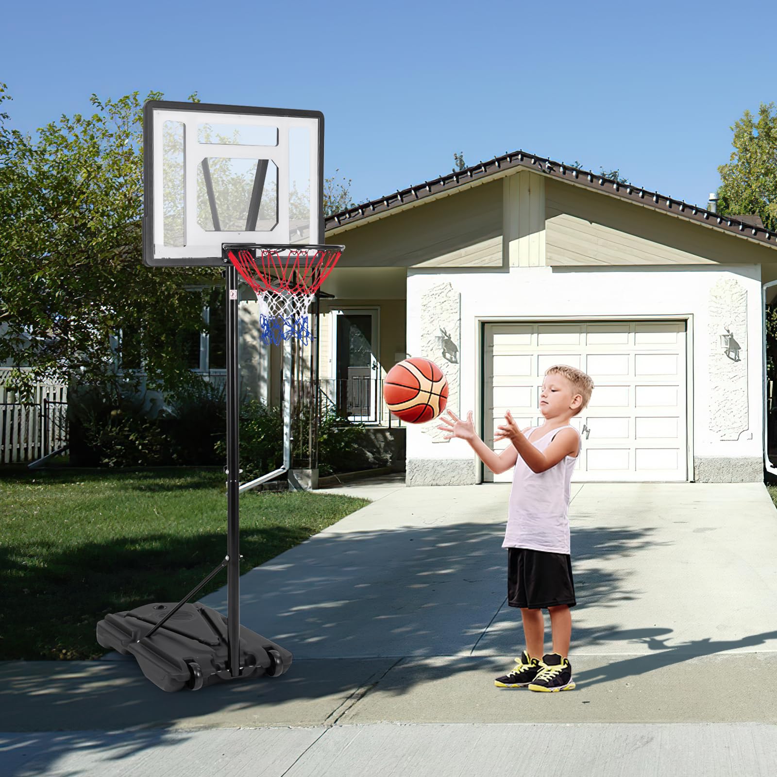 GYMAX Panier de Basket Extérieur, Réglable en Hauteur 172-305cm, avec Panneau Incassable, Base Stable et Remplissable, Roues Intégrées, pour Intérieur et Extérieur, pour Enfants, Adolescents, Adultes