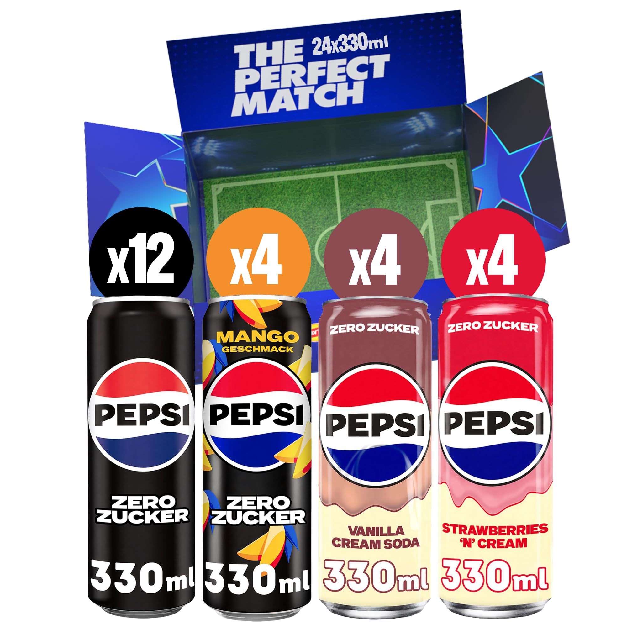 Pepsi Zero Fußball Multipack – 24x 330ml Dosen (12x Pepsi Zero, 4x Sugar free Mango, 4x Strawberry & Cream, 4x Vanilla & Cream), Zuckerfrei, Erfrischungsgetränk ohne Zucker, Fan Bundle