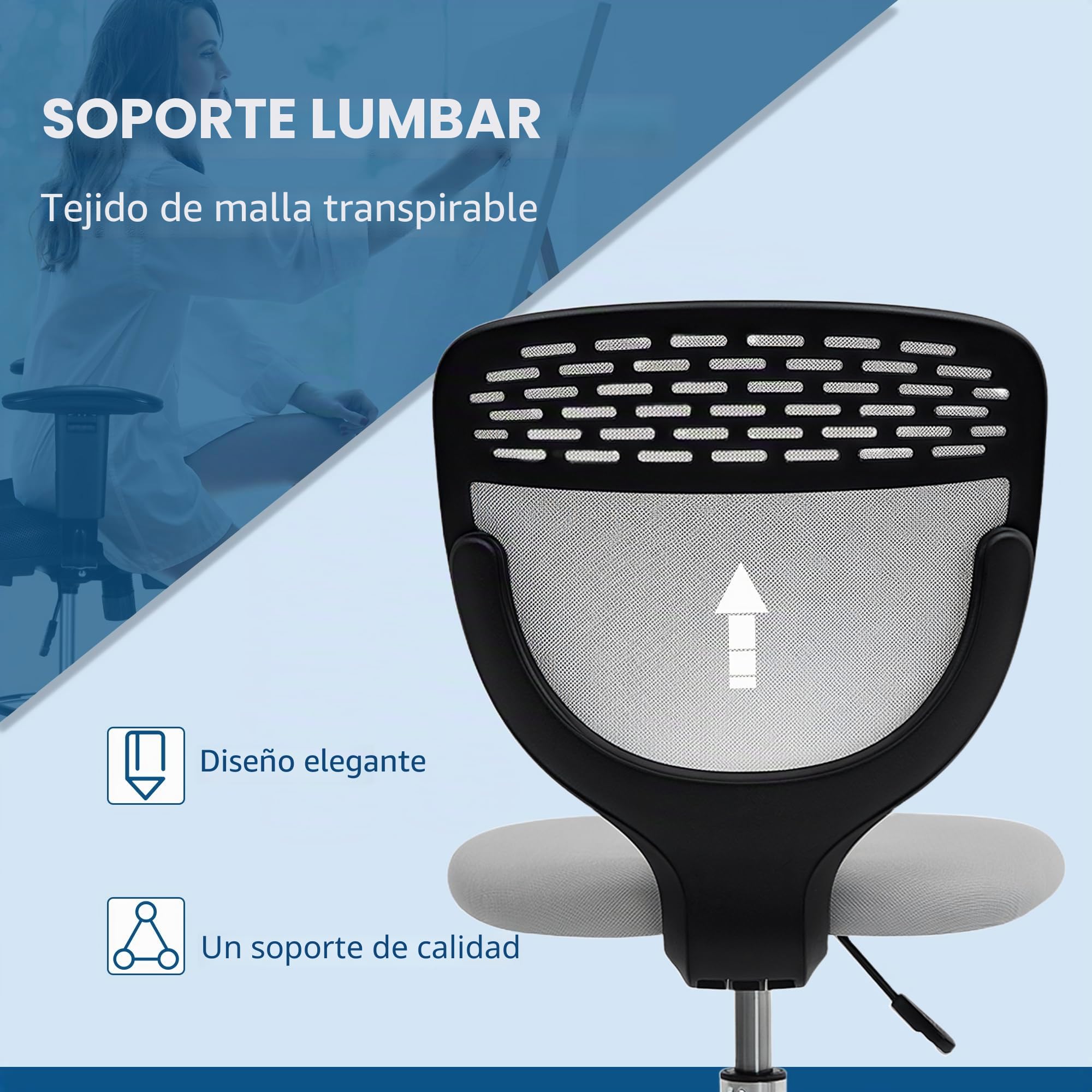Vinsetto Silla de Oficina ergonómica Taburete de Oficina con reposapiés y sin reposabrazos, Silla de Dibujo de Respaldo Medio de Malla, Altura Ajustable, Asiento Acolchado y Giratorio 360° Gris Claro