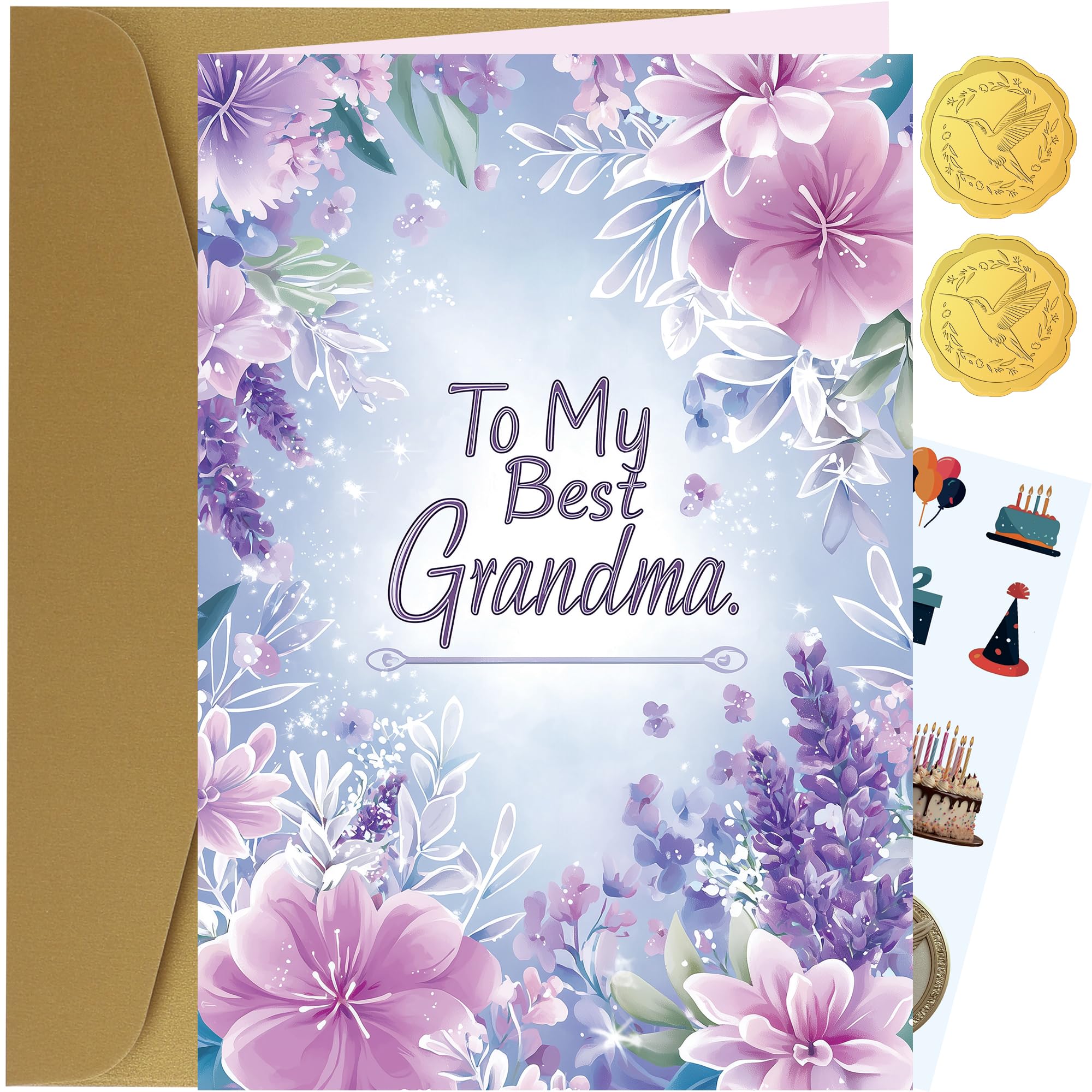 TzenvoGift Grandma Birthday Card, Happy Birthday Grandma - with Lavender and Floral Design, Gold Foil Interior, Elegant and Heartfelt Message