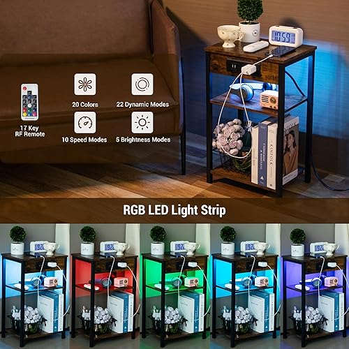 Miniatura 4 de Mesa auxiliar LED con estación de carga, mesa auxiliar pequeña para sala de estar, mesita de noche con puertos USB y tomacorrientes, mesita de noche