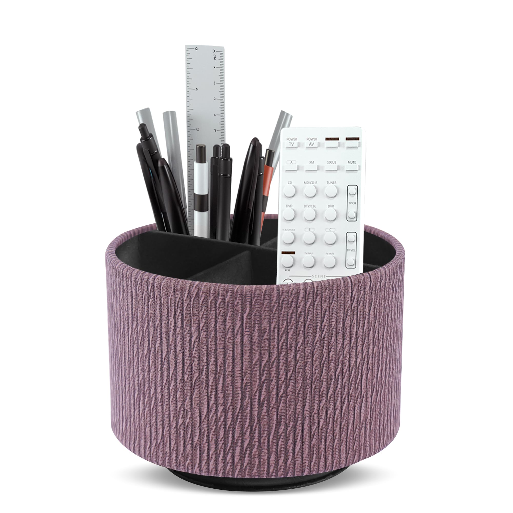 Mtzmy Round Leather Art Supply Organizer,Remote Control Holder,360 Degree Spinning,Multi-Functional Pencil Holder,4 Compartments Desktop Stationary Organizer(1-Wood Brown)