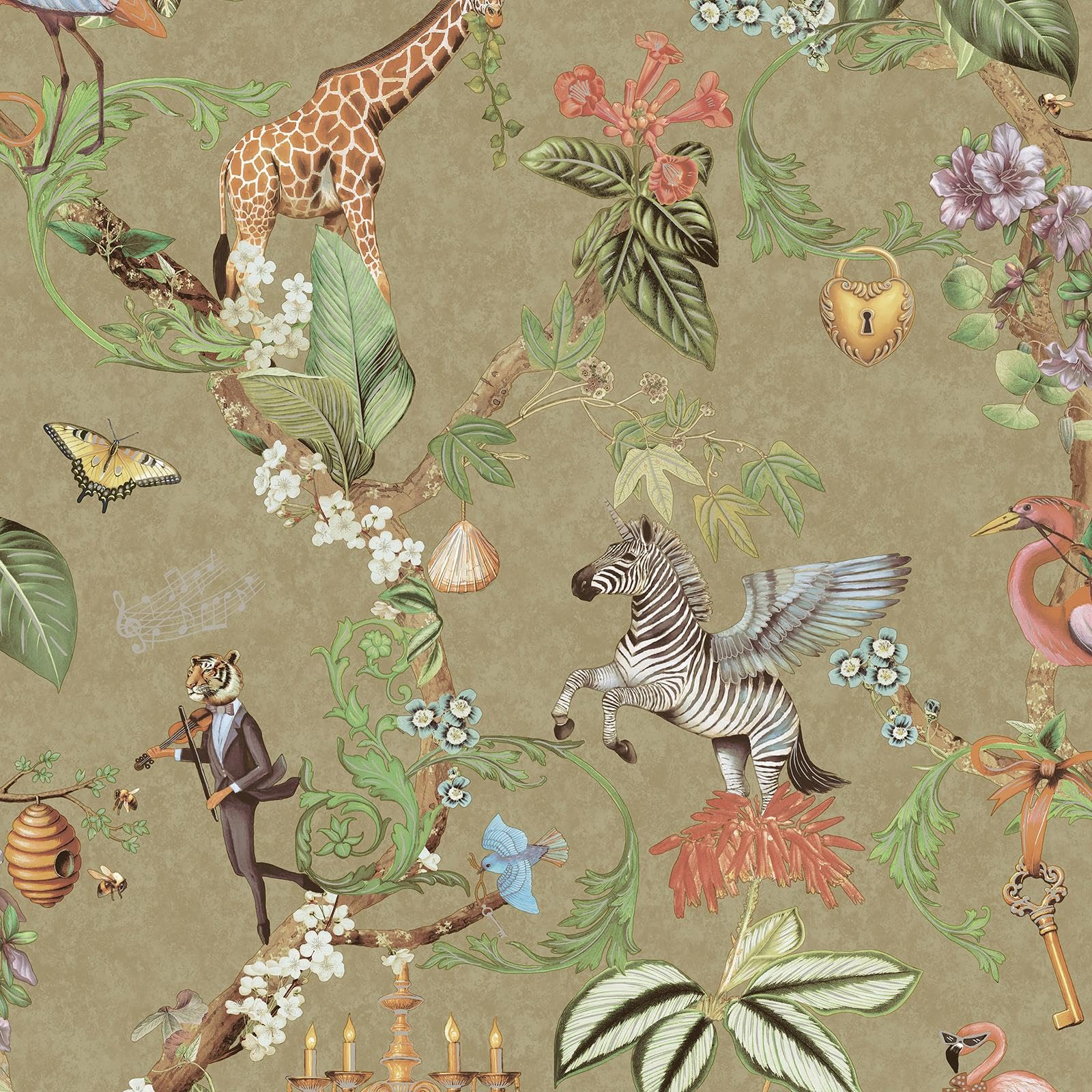 Holden Safari Symphony Bold Mistical Animals Style Colourful Motif Quirky Wallpaper for Nurseries, Living Rooms, Feature Walls Gold (14263)