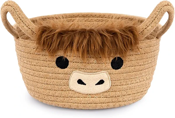 Hkojewp Highland Cute Cow Basket for Nursery, Small Shower Gift Basket, Round Woven Rope Cotton Storage, Baby Blanket 0rganizer with Ears Handles, Blanket Towel Decor Storage Bins, 10.7"D x 4.4"H in